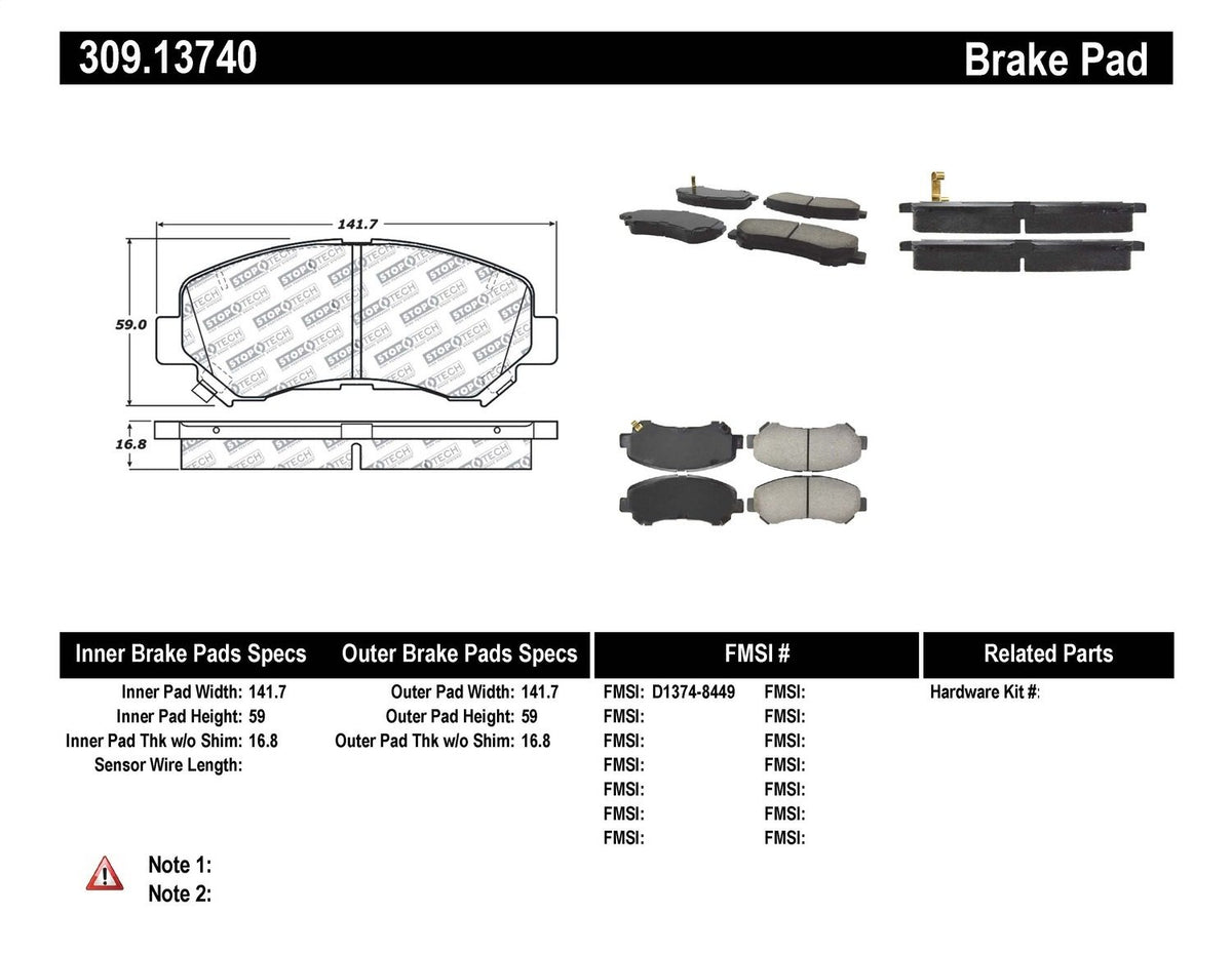 Sport Brake Pads StopTech 309.13740 with Shims and Hardware