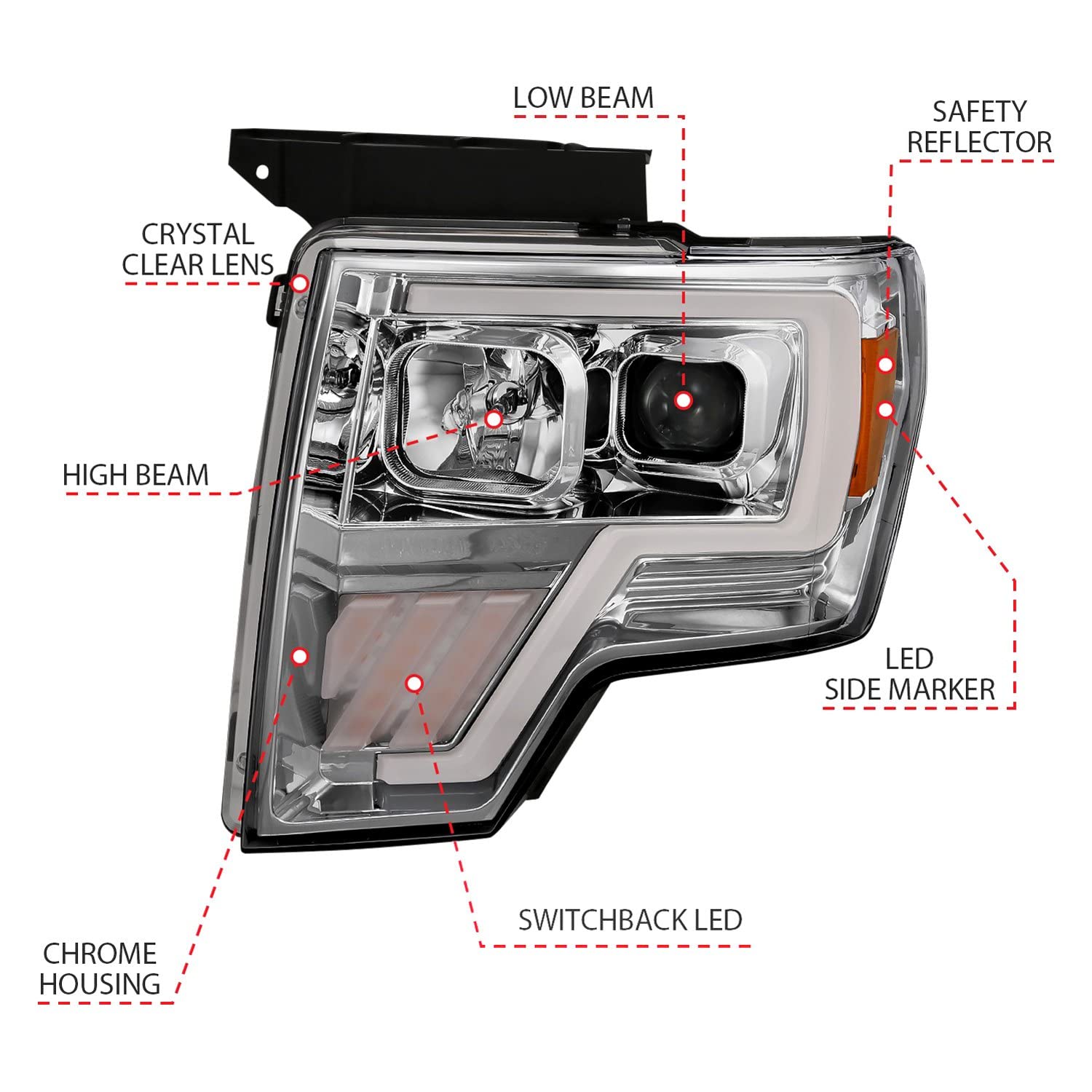 ANZO (111470) USA 2009-2013 Ford F-150 Projector Light Bar G4 Switchback H.L. Chrome Amber