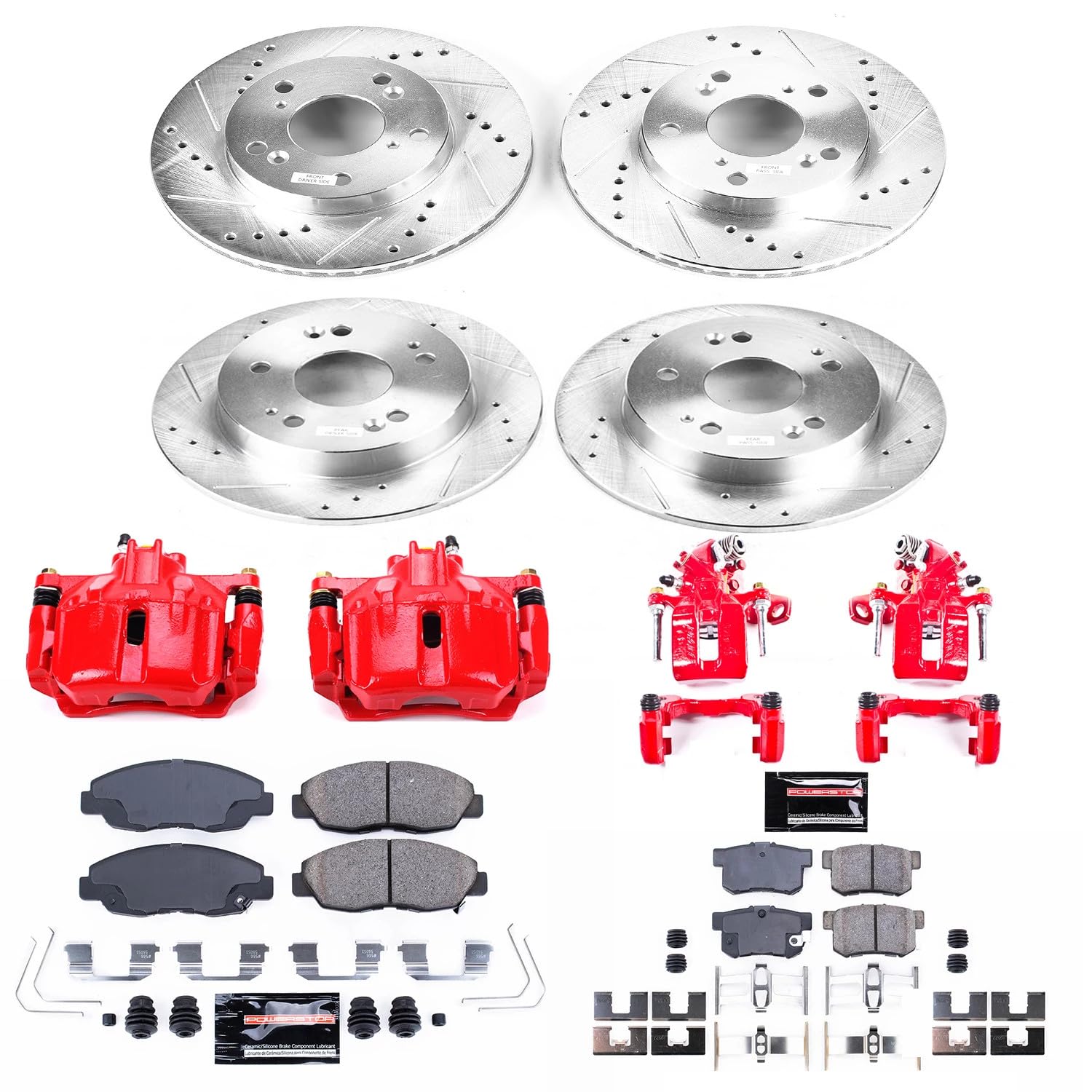 Power Stop Z23 KC6320 Evolution Front and Rear Caliper Kit-Drilled/Slotted Rotors, Carbon Ceramic Brake Pads & Calipers For Honda Civic 2012 [Model Specific]