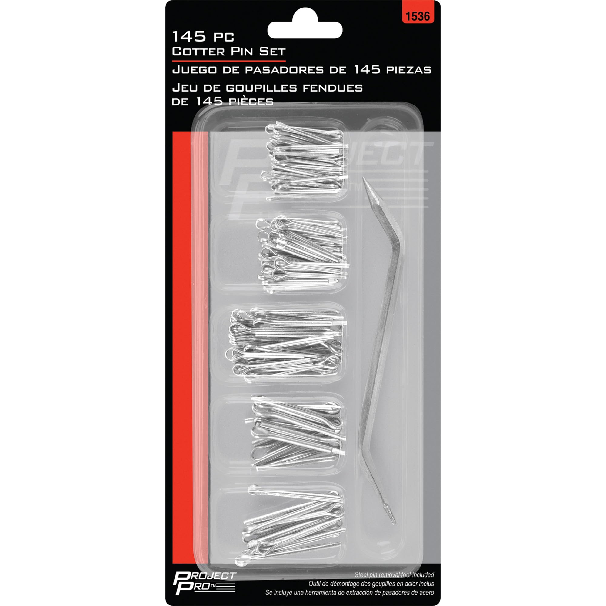 145 pc. Performance Tool 1536 Cotter Pin Set w/Removal Tool, Galvanized Steel, Steel Removal Tool, Storage Case