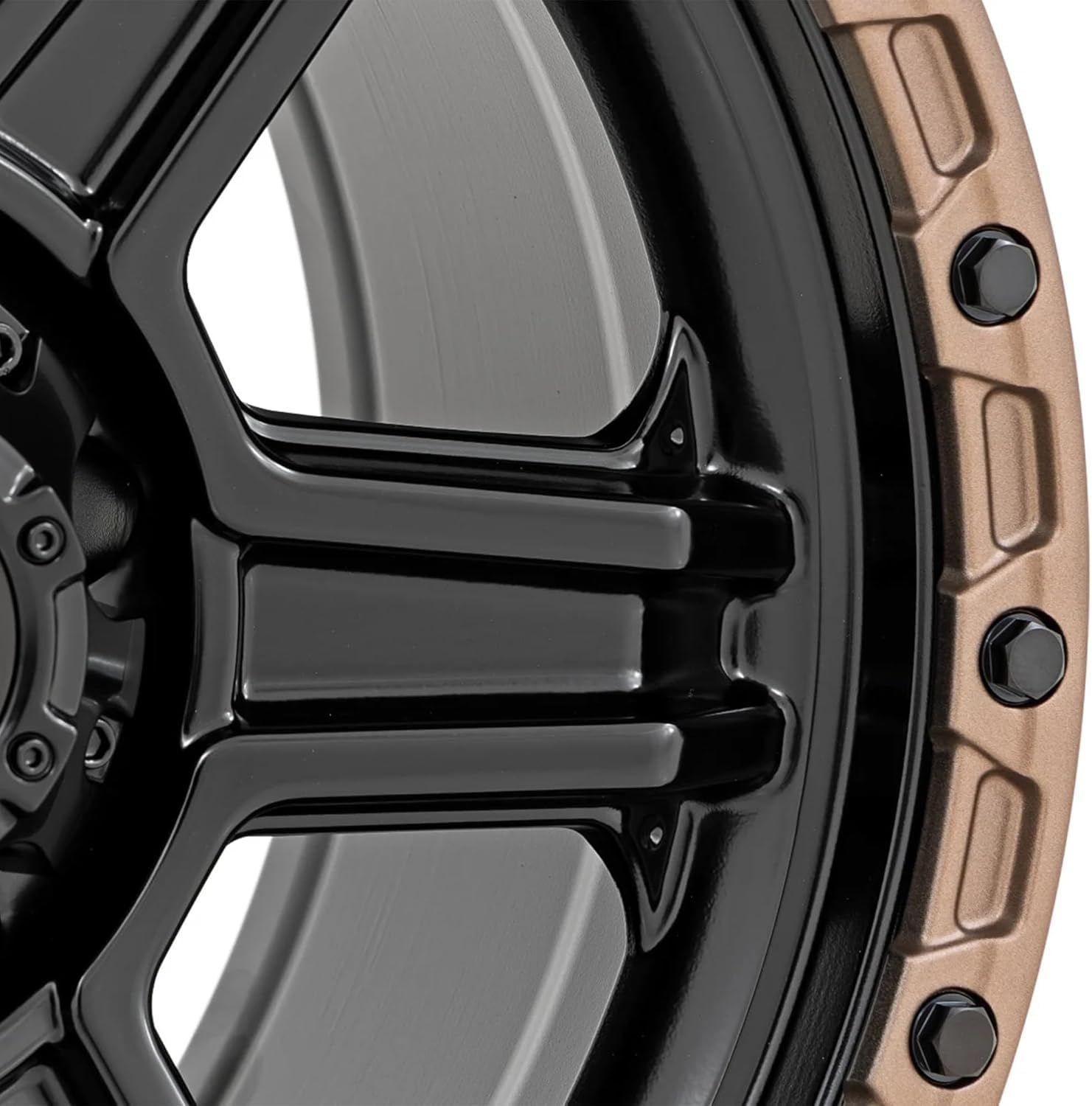 79 Series Rough Country One Piece Aluminum Wheel - 15x8, 5x4.5" Bolt Pattern, 19mm Offset, Stylish 6-Spoke Design, Semi-Gloss Black w/Bronze Ring