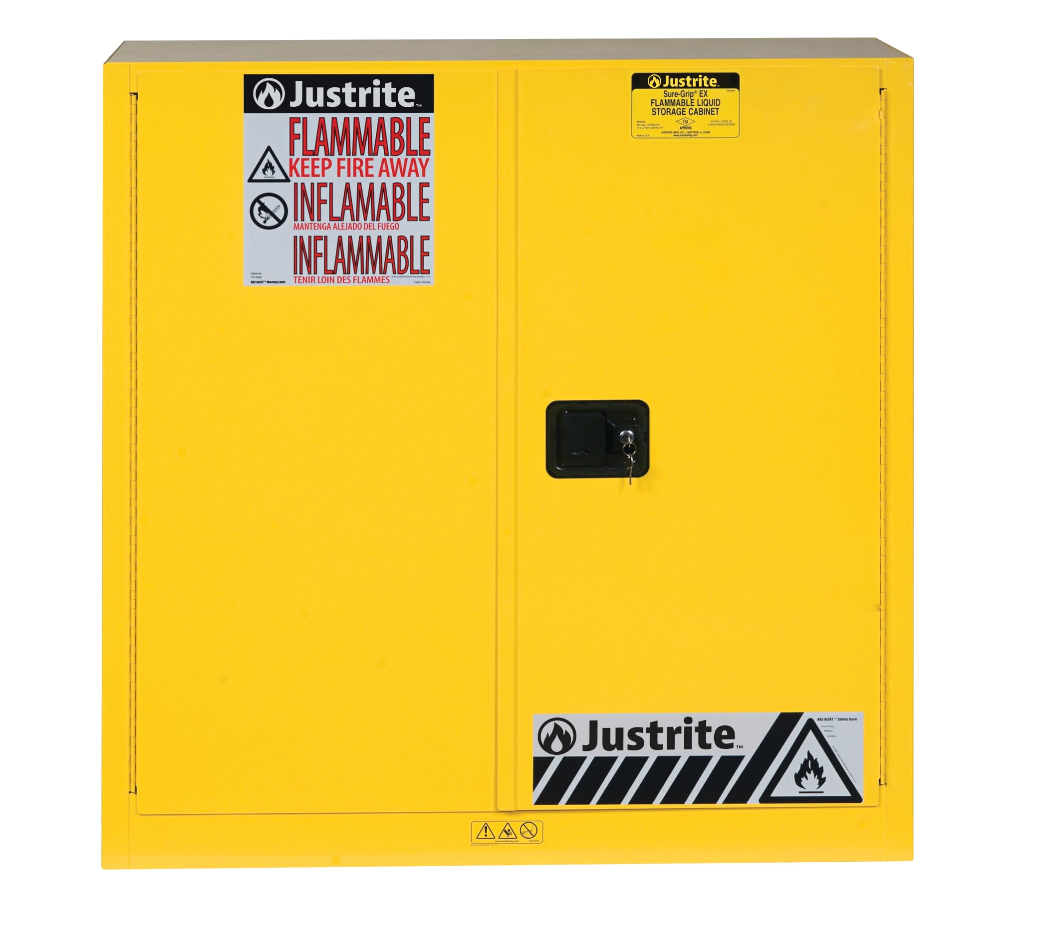 Justrite 40 Gallon Paint and Ink Self Close Safety Cabinet, 18 Gauge Steel, 3 Shelves, 43" x 44" x 18", 2 Door Combustibles Cabinet, Made in The USA, Yellow, 893030