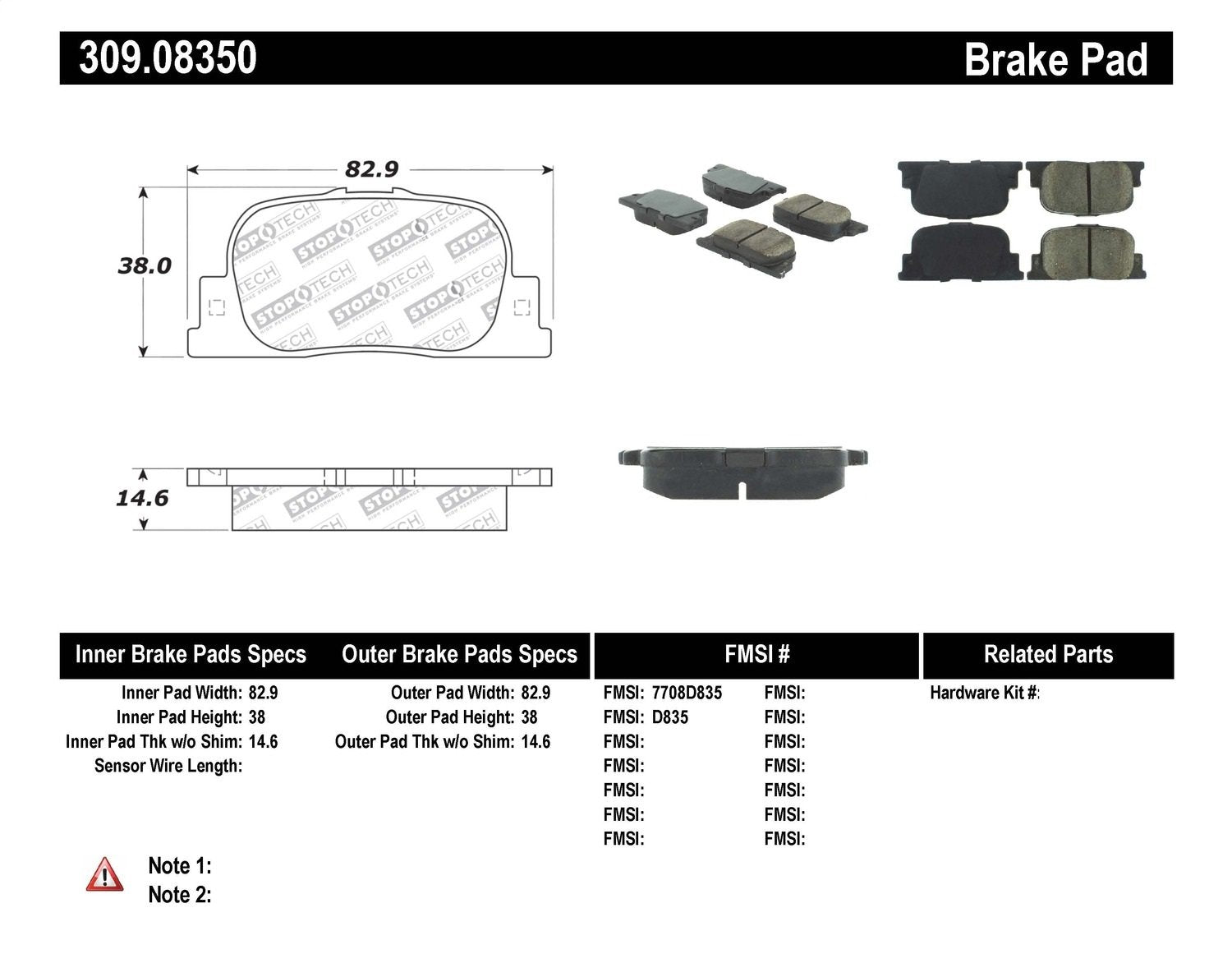 Sport Brake Pads StopTech 309.08350 with Shims and Hardware