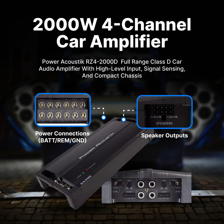 RZ4-2000D Power Acoustik 2000W Class D 4 Channel Amplifier , Black , 13.60in. x 6.30in. x 3.50in.