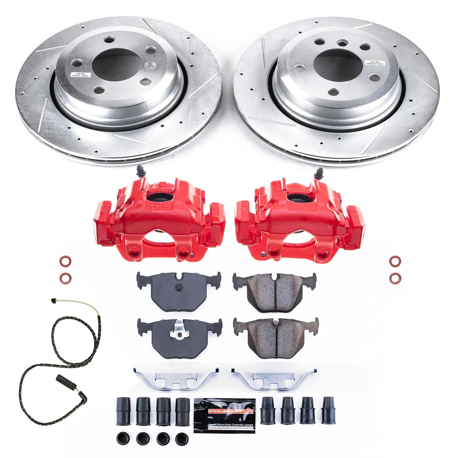 Power Stop Z23 KC5738, Rear Brake Caliper Kit-Drilled/Slotted Rotors, Carbon Ceramic Brake Pads, Calipers and 1 Rear Sensor Wire For BMW X3 2004-2010 [Model Specific]