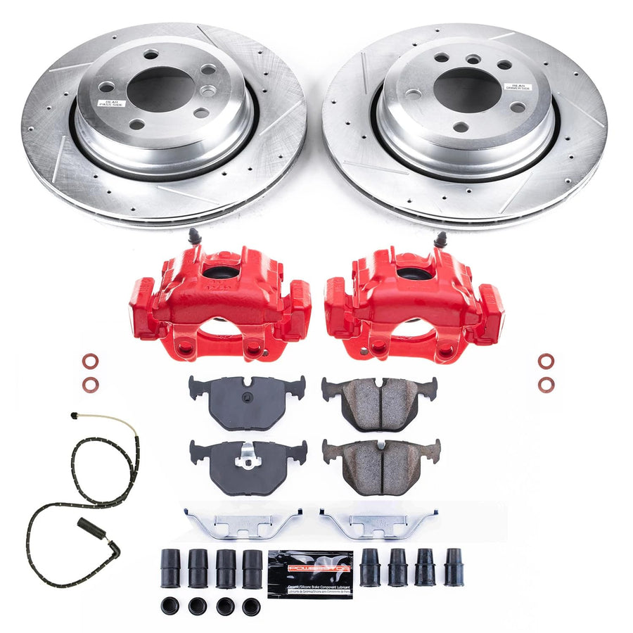 Power Stop Z23 KC5738, Rear Brake Caliper Kit-Drilled/Slotted Rotors, Carbon Ceramic Brake Pads, Calipers and 1 Rear Sensor Wire For BMW X3 2004-2010 [Model Specific]