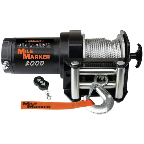 12V DC Utility Winch Mile Marker 76-50200 - 2000 lb. Weight Capacity - 50’ Steel Cable - Lightweight & Reliable - Offers Fast Line Speeds - Wireless Remote Control Included - Free Spooling
