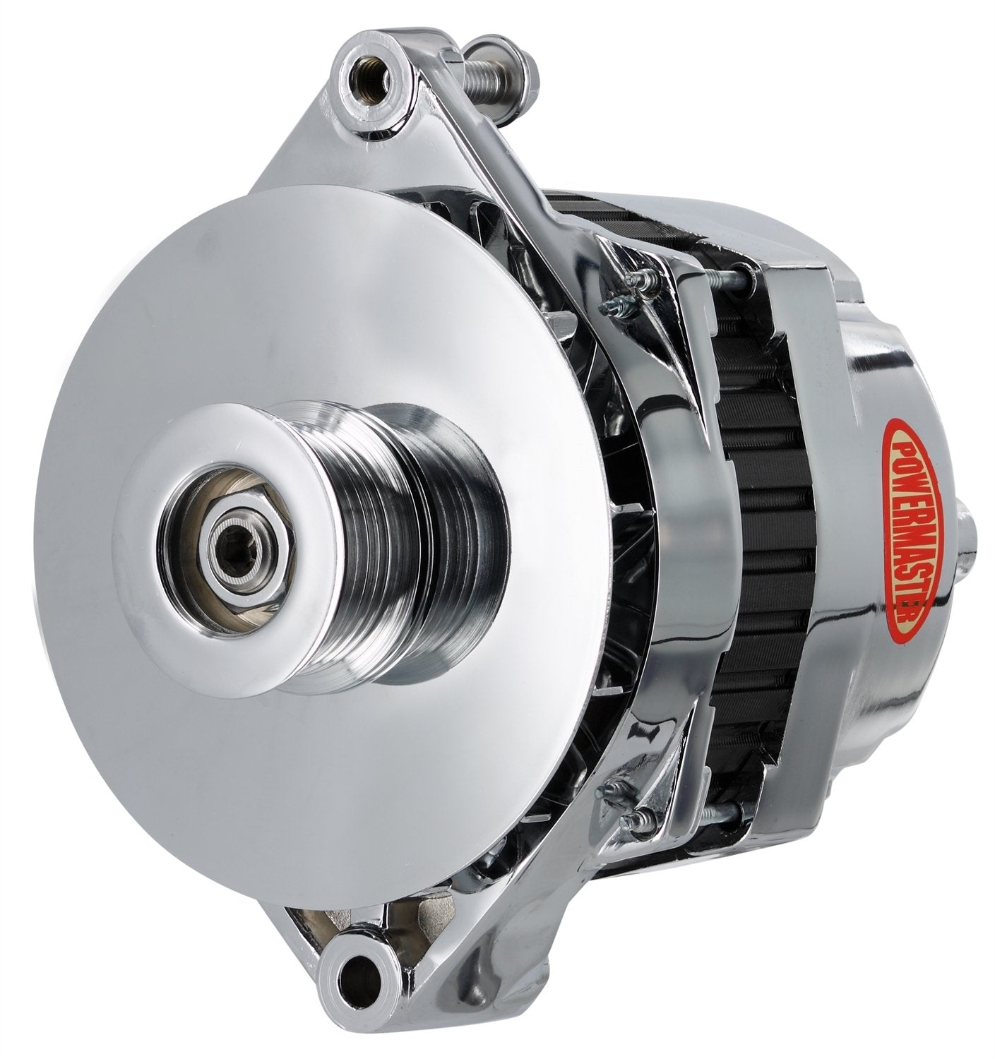 Alt GM CS144 Powermaster Chrome 170A 6 grv Pulley/Baffle Str MTG Threaded MTG Ear Vette, Grd Nat'l, F-Bird, 1-Wire or OE