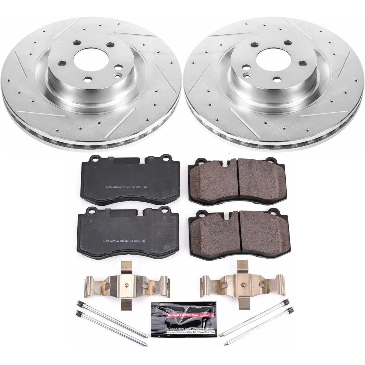 Power Stop K6755 Z23 Carbon Fiber Brake Pads Front with Drilled & Slotted Brake Rotors Kit and 1 Front Sensor Wire For CL550, CL600, S350, S400, S550, S600, SL550 [Model Specific]