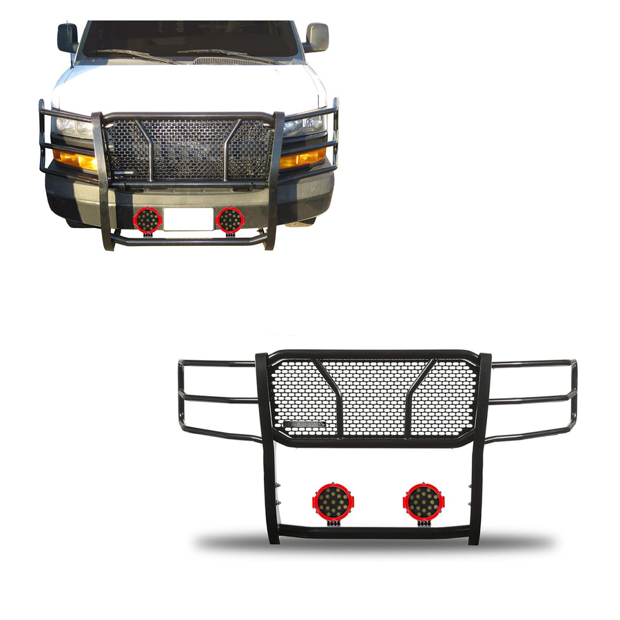 RUGGED HD Black Horse Grille Brush Bumper Guard Modular Come W/pair of 7.0"LED Lights Compatible with 03-14 Express 1500|03-24 Express 2500/3500|09-24 Express 4500/Express Cargo-RU-GV02MA-B-PLR