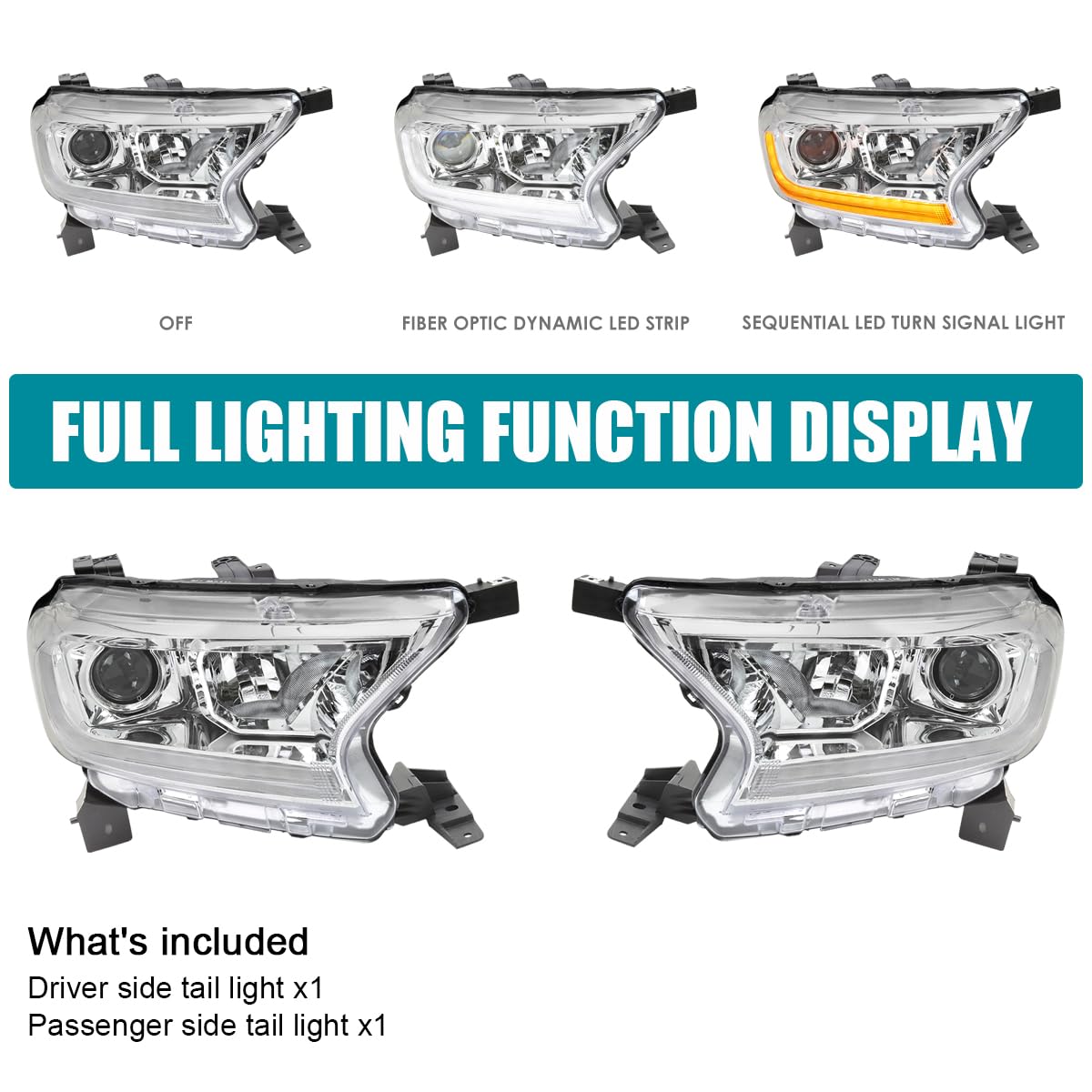 Chrome Sequential Projector Headlights SPEC-D TUNING Compatible with 2019-2022 Ford Ranger XL/XLT, Left + Right Pair Headlamps Assembly