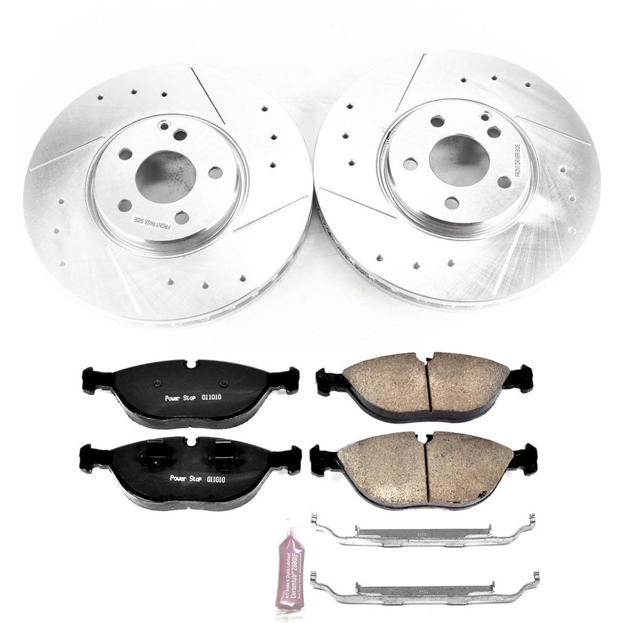 Power Stop K7769 Front Brake Pads Z23 Carbon Fiber with Drilled & Slotted Brake Rotors Kit For Mercedes-Benz E500 2004-2005 [Model Specific]