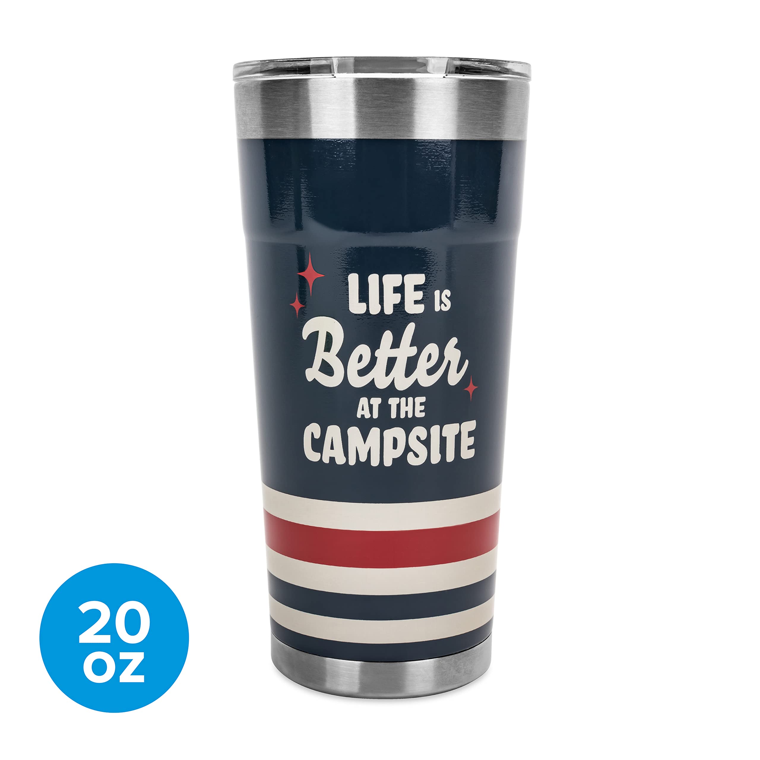 Wrapped Stainless Steel Tumbler Camco Life is Better at The Campsite - Features Double Wall Vacuum Insulation for Heat/Ice Retention & Unique Red, White, & Blue Design - Holds 20 oz. (53326)