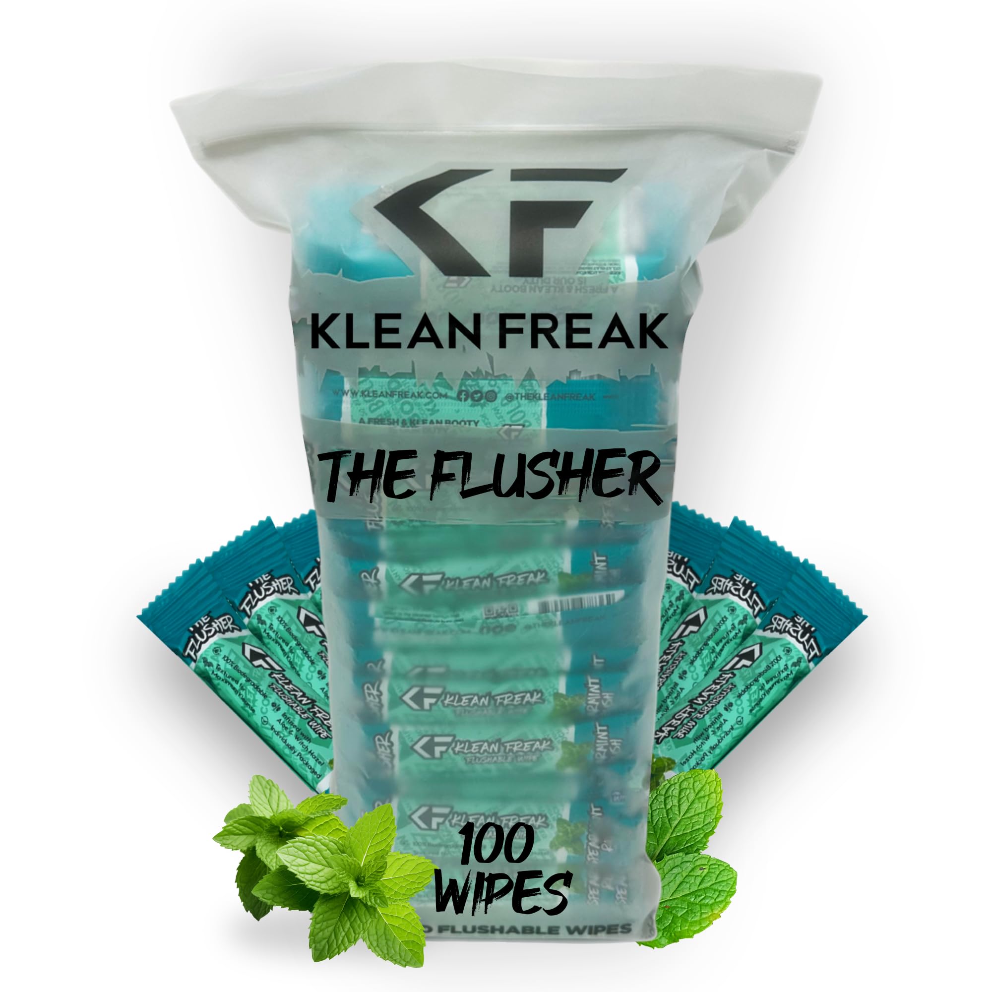 FLUSHABLE WIPES THE KLEAN FREAK FLUSHER - 100 Pack Flushable Wipes For Adults & Kids Unscented/Scented - 100% BIODEGRADABLE Individual Wrapped Travel WET Wipe for Toilet - Spearmint Rush