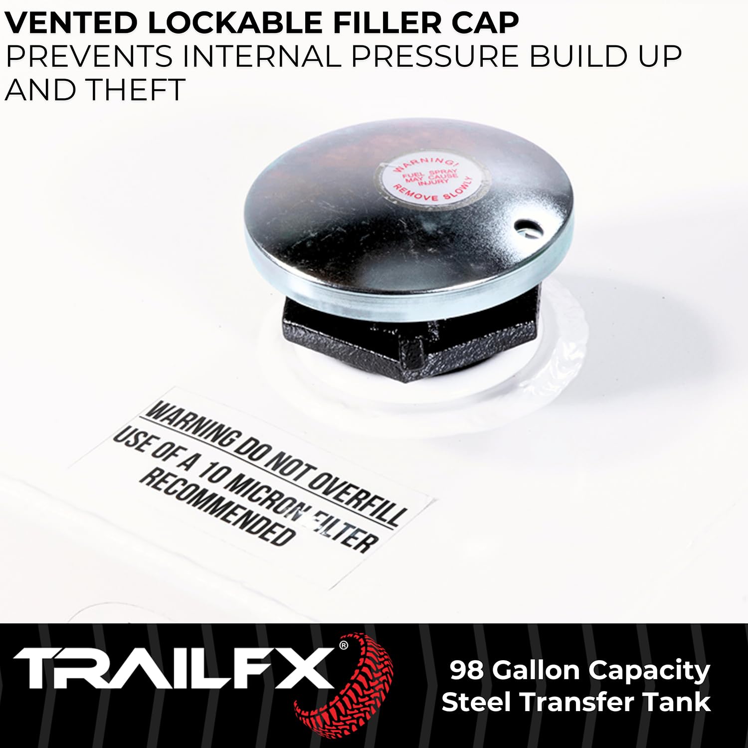 21098SW TrailFX Liquid Transfer Tank 98 Gallon Capacity Rectangular Steel Tank Gloss White Powder Coat Vented Lockable Cap For Diesel and Non-Flammable Liquids
