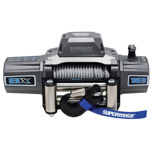 12V DC Superwinch SX12 Waterproof Recovery Winch 12,000lb/5,443kg Single Line Pull with Roller Fairlead 3/8in x 85ft Steel Wire Rope Corded Handheld Remote No-Bind Clutch