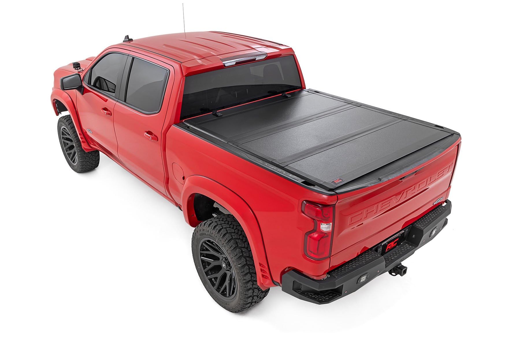 Rough Country Hard Tri-Fold Truck Bed Flip Up Tonneau Cover for Chevy Silverado & GMC Sierra 1500 (2019-2025) - Flush Aluminum Bed Cover, Fits 6'7 Bed