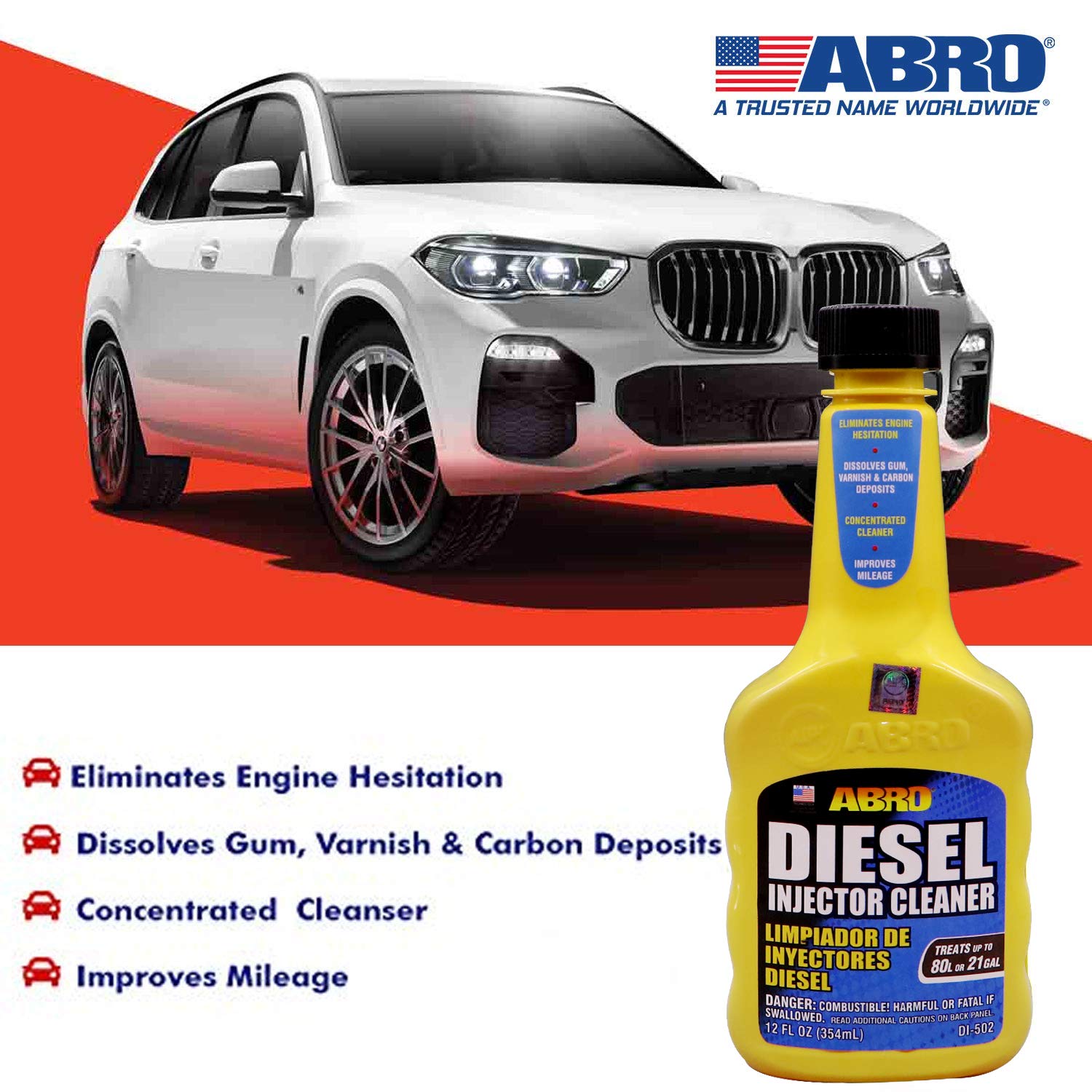 Diesel Injector Cleaner ABRO, 12 oz., Concentrated Fuel System Cleaner, Fuel Injector Cleaner, Diesel Fuel Additive, Improves Mileage, Eliminates Engine Hesitation, Treats Up to 21 Gallons