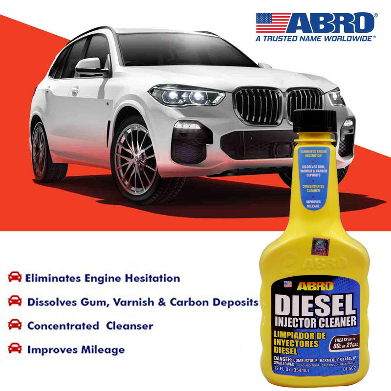 Diesel Injector Cleaner ABRO, 12 oz., Concentrated Fuel System Cleaner, Fuel Injector Cleaner, Diesel Fuel Additive, Improves Mileage, Eliminates Engine Hesitation, Treats Up to 21 Gallons