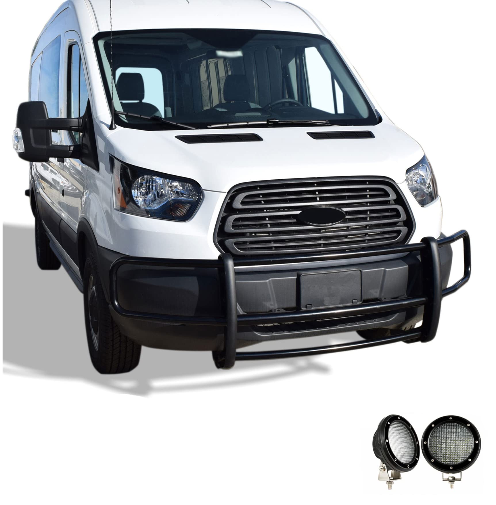 SPARTAN Black Horse Grille brush Bumper Guard Modular Come with Pair of 5.3"LED Lights with Black Trim Rings Compatible with 2015-2019 Ford Transit-150/Transit-250/Transit-350-17FOTRMA-PLFB