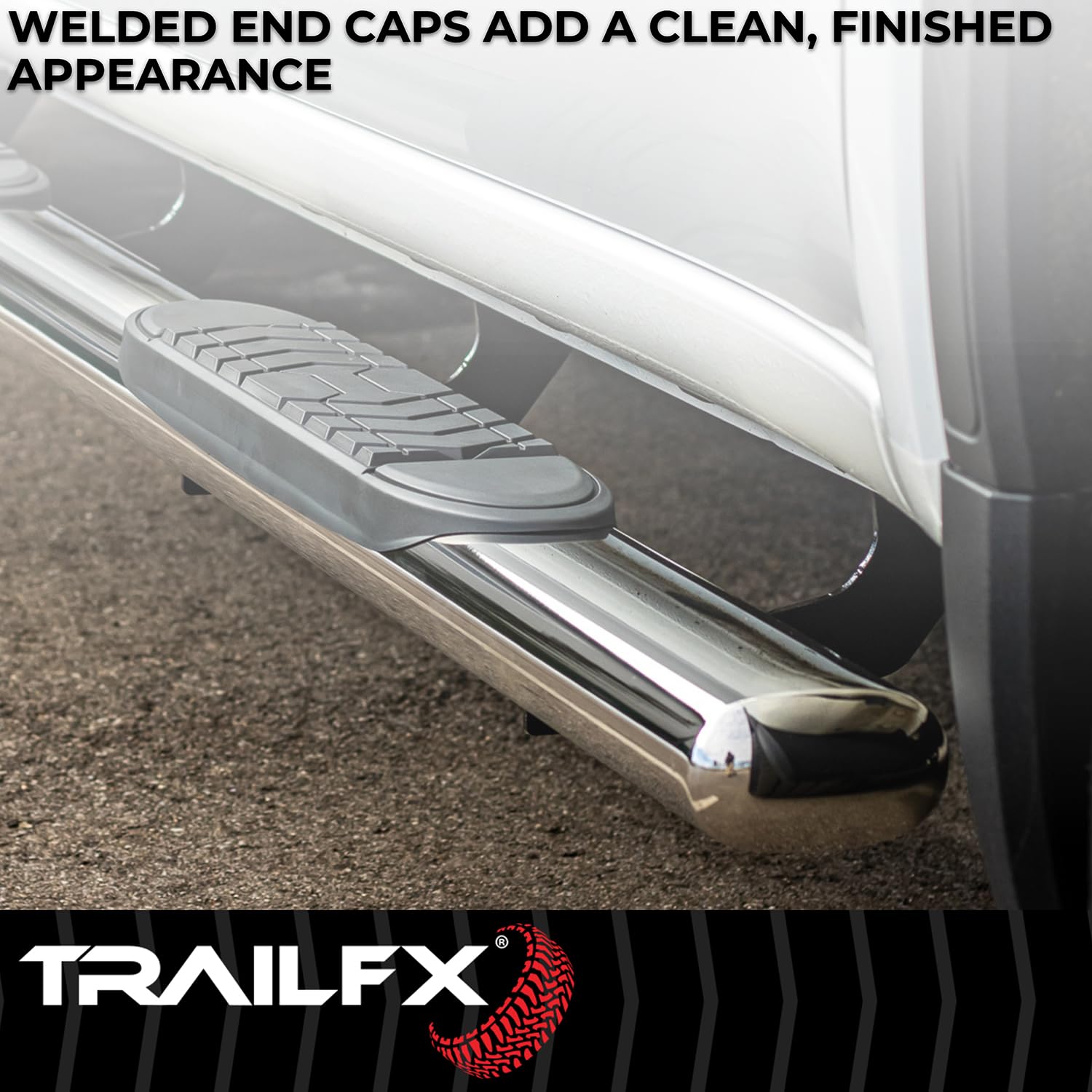 Trail FX A7084S Nerf Bar, 5 Inch Oval Straight, Polished, Stainless Steel, with Welded End Caps/Step Pads, Rocker Panel Mount, Fits 2019-2025 Ram 1500 Quad Cab