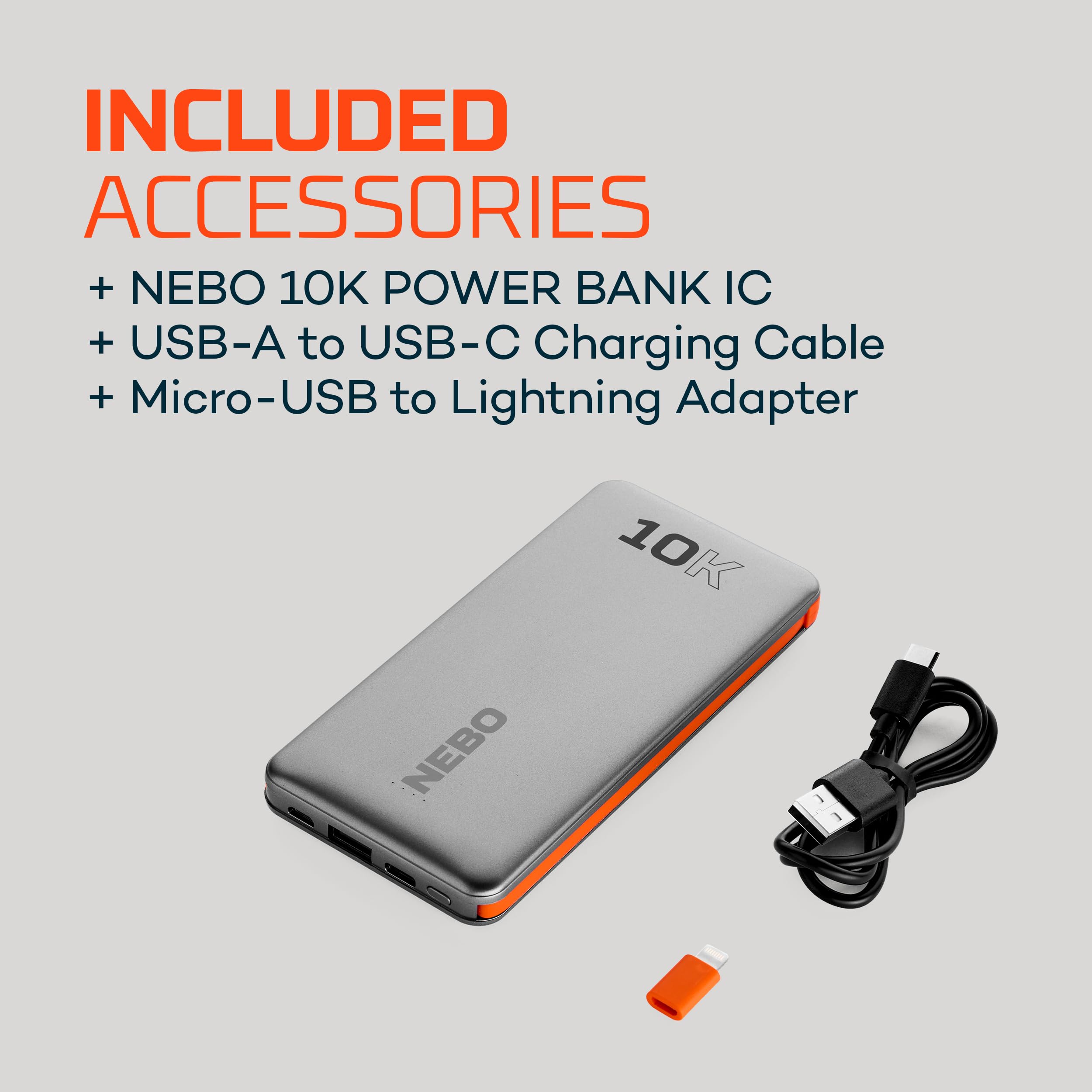 10K NEBO Power Bank with Integrated Cables | 10000mah Power, 37Wh Capacity, Certified Lightning Adapter, 4-Way Output Charging, Compatible with iPhone & Android