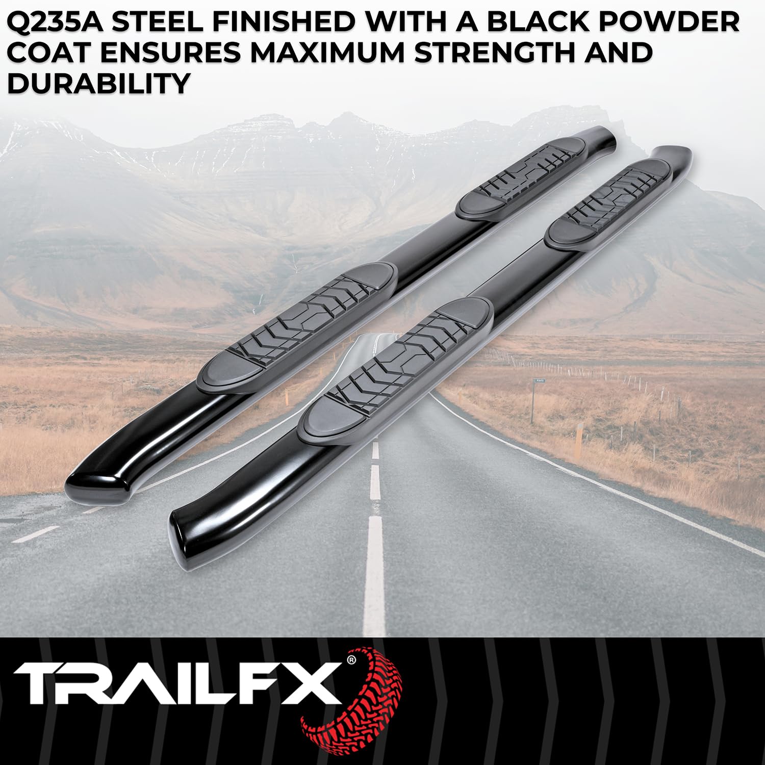 5 Inch Oval Bent TrailFX A7086B Nerf Bar Side Steps with Step Pads Black Powder-Coated Steel Welded End Caps Rocker Panel Mount Slip-Resistant Set of 2 Fits Crew Cab Trucks
