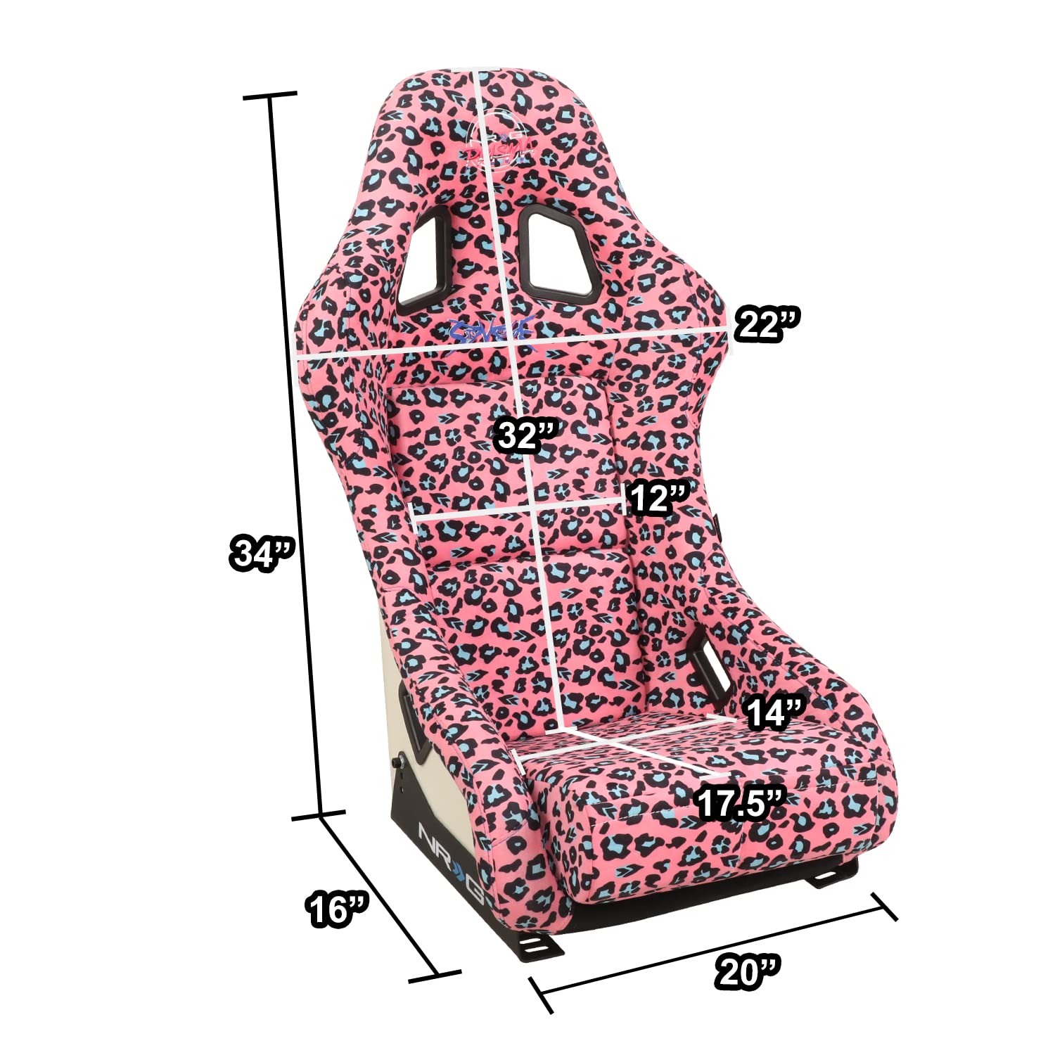 NRG Innovations Prisma FRP-303-PK-SAVAGE Fixed Back Bucket Racing Seat with Bottom Mount Bracket,Pink Savage Cheetah/White Pearl Back