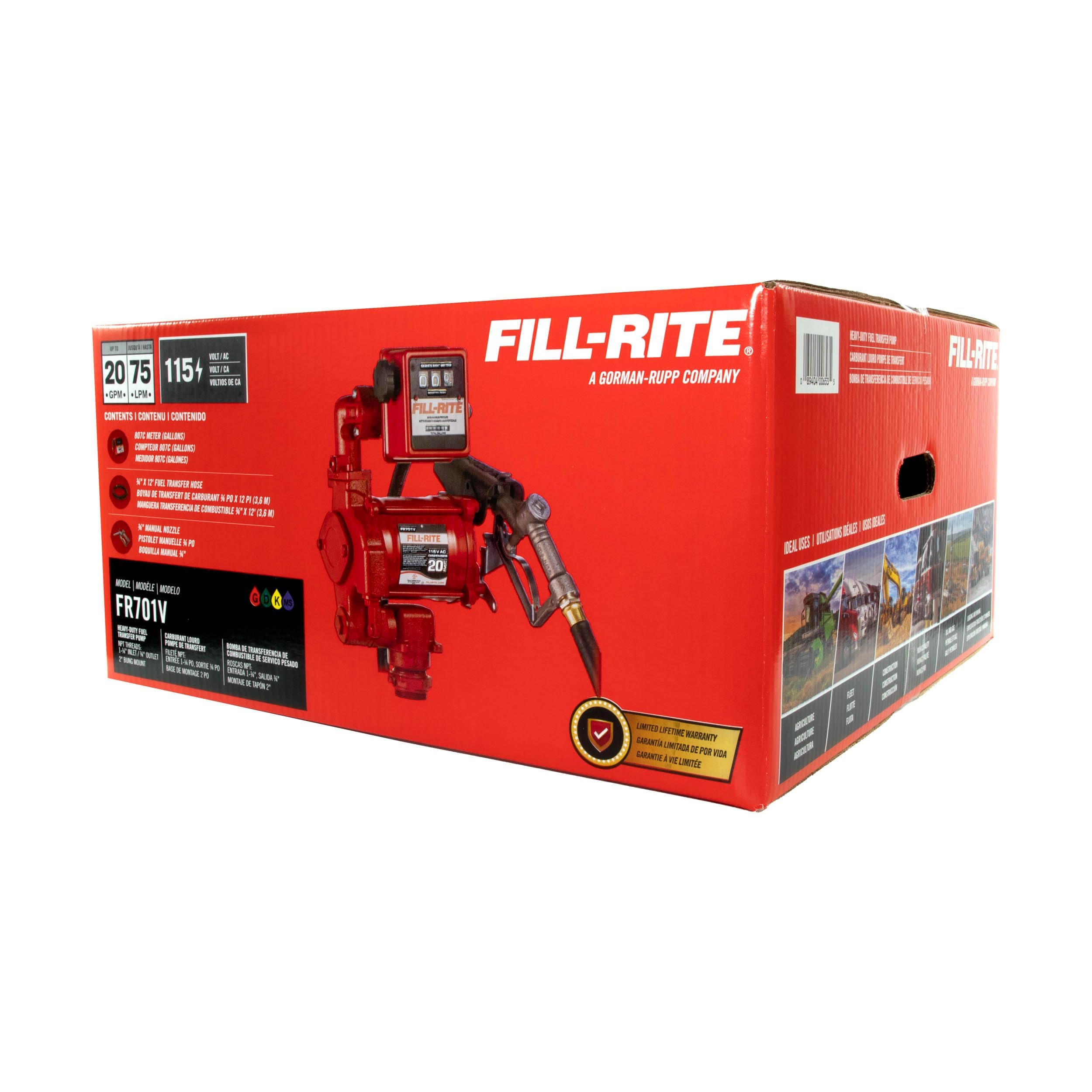 Fill-Rite 115V FR701V 20 GPM Fuel Transfer Pump With Standard Mechanical Meter Package, Gallons - For Gasoline, Diesel, Kerosene, Ethanol Blends, Methanol Blends & Biodiesel up to B20