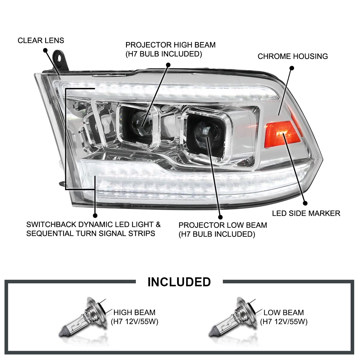Chrome Projector Headlights SPEC-D TUNING w/Sequential Switchback LED Signal and Startup Animation Compatible with 2009-2018 Dodge Ram, 2019 Ram Classic, Left + Right Pair Headlamps Assembly