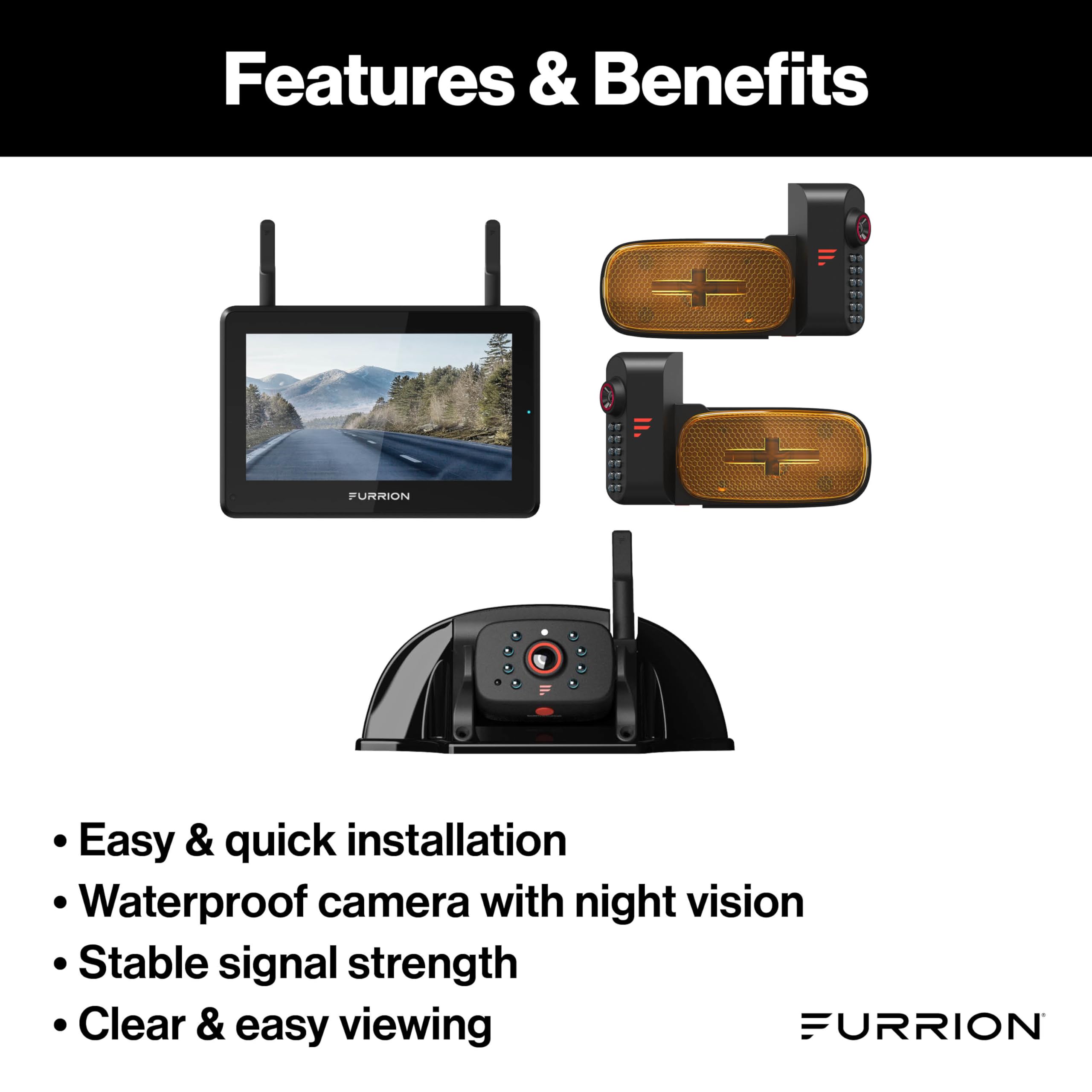 Furrion Vision S+ RV Backup Camera System 2021124375 - 5" Monitor, Side Cameras, Rear Sharkfin Camera # FOS5HTAEN