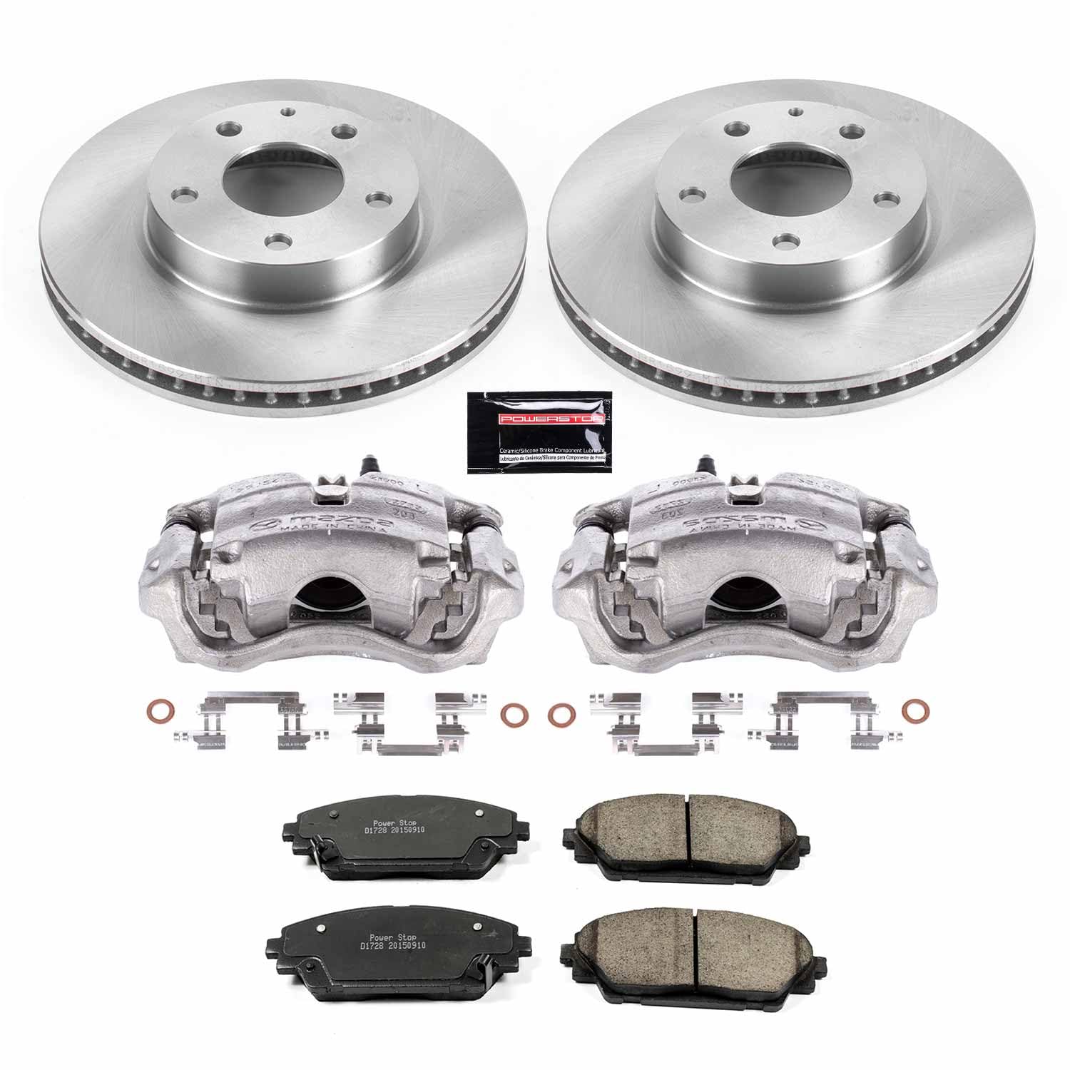 Power Stop KCOE6974 Front Brake Kit- Brake Rotors, Brake Calipers & Ceramic Brake Pads For Mazda 3 2014-2016, Mazda CX-3 2016-2021 [Model Specific] Autospecialty Stock Replacement