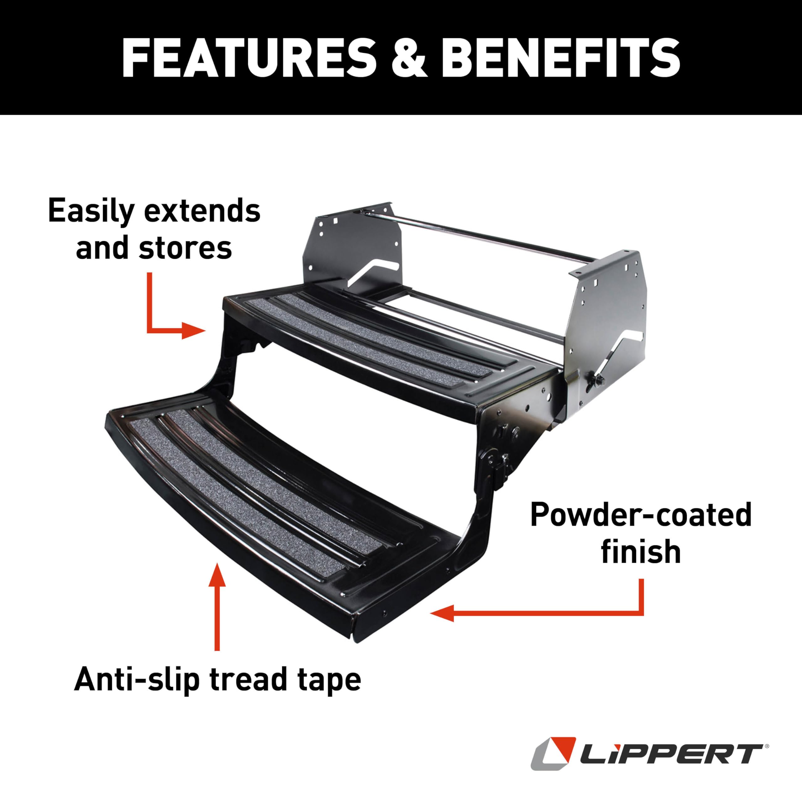 Lippert 24" Radius Double Manual RV Step Assembly, 8" Rise, 300 lbs. Anti-Slip Steps, Compact One-Hand Expand or Collapse, Black Powder Coat, Travel Trailers, 5th Wheels, Campers - 432682