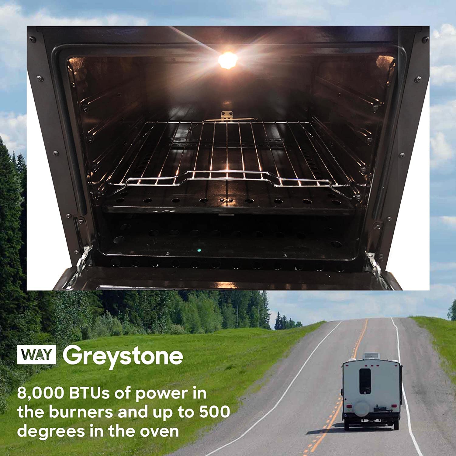 12 Volt RV Gas Range and Cooktop, Greystone Stove and Oven Combo, 21 Inch, LP Gas, Black