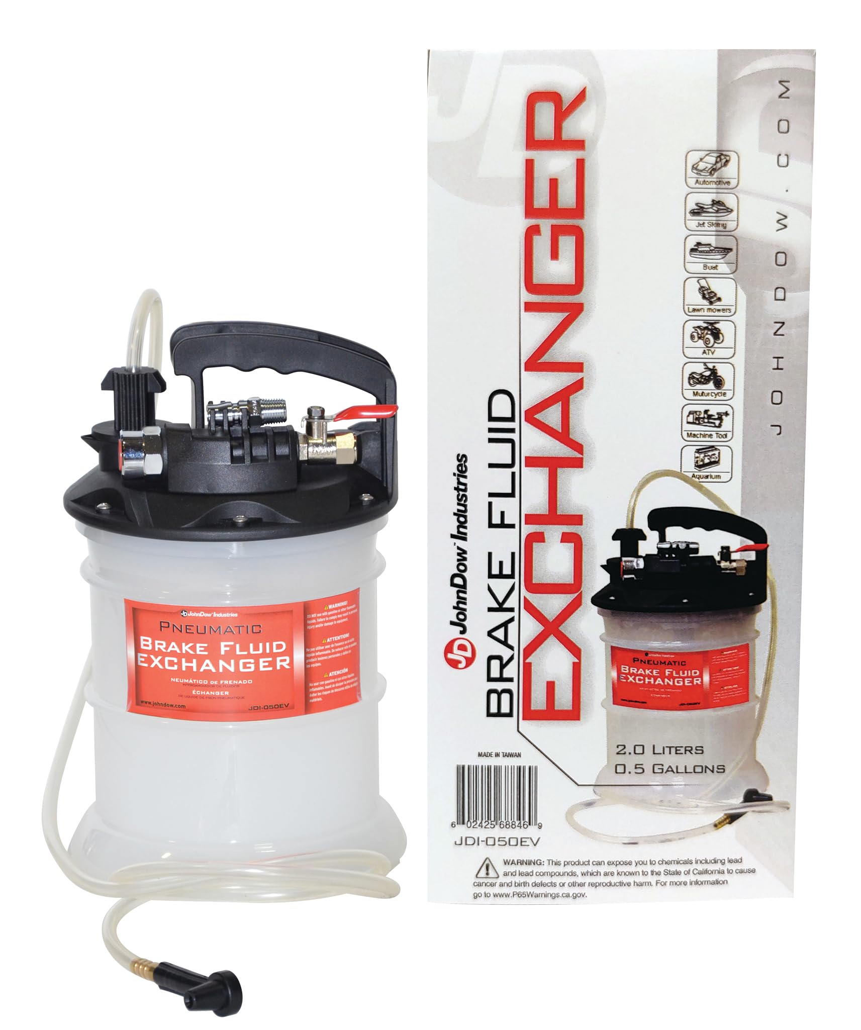 Pneumatic Air Operated JohnDow Industries JDI-050EV Brake Fluid Bleeder/Exchanger, 0.5 Gallon Capacity with Fluid Refill Bottle Included, White