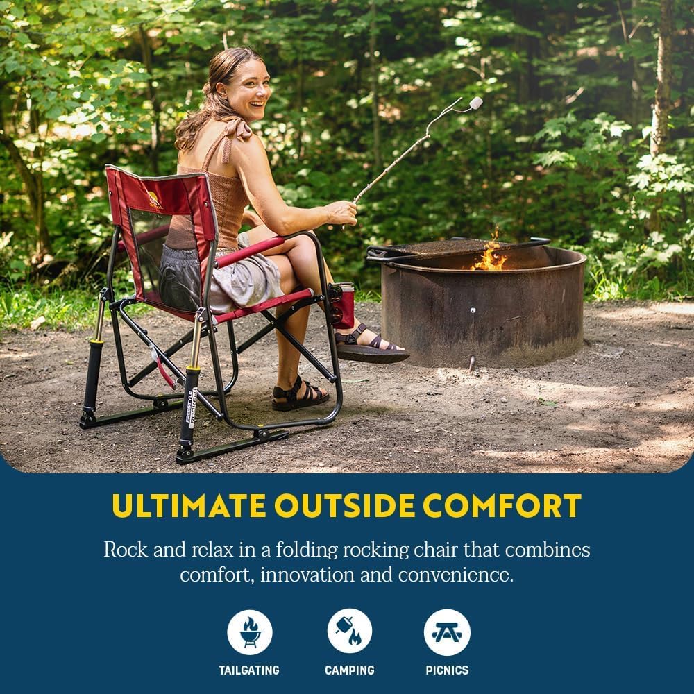 GCI Outdoor Camping Chair Freestyle Rocker | Portable Folding Rocking Chair with Solid, Durable Armrests, Drink Holder & Comfortable Backrest — Cinnamon