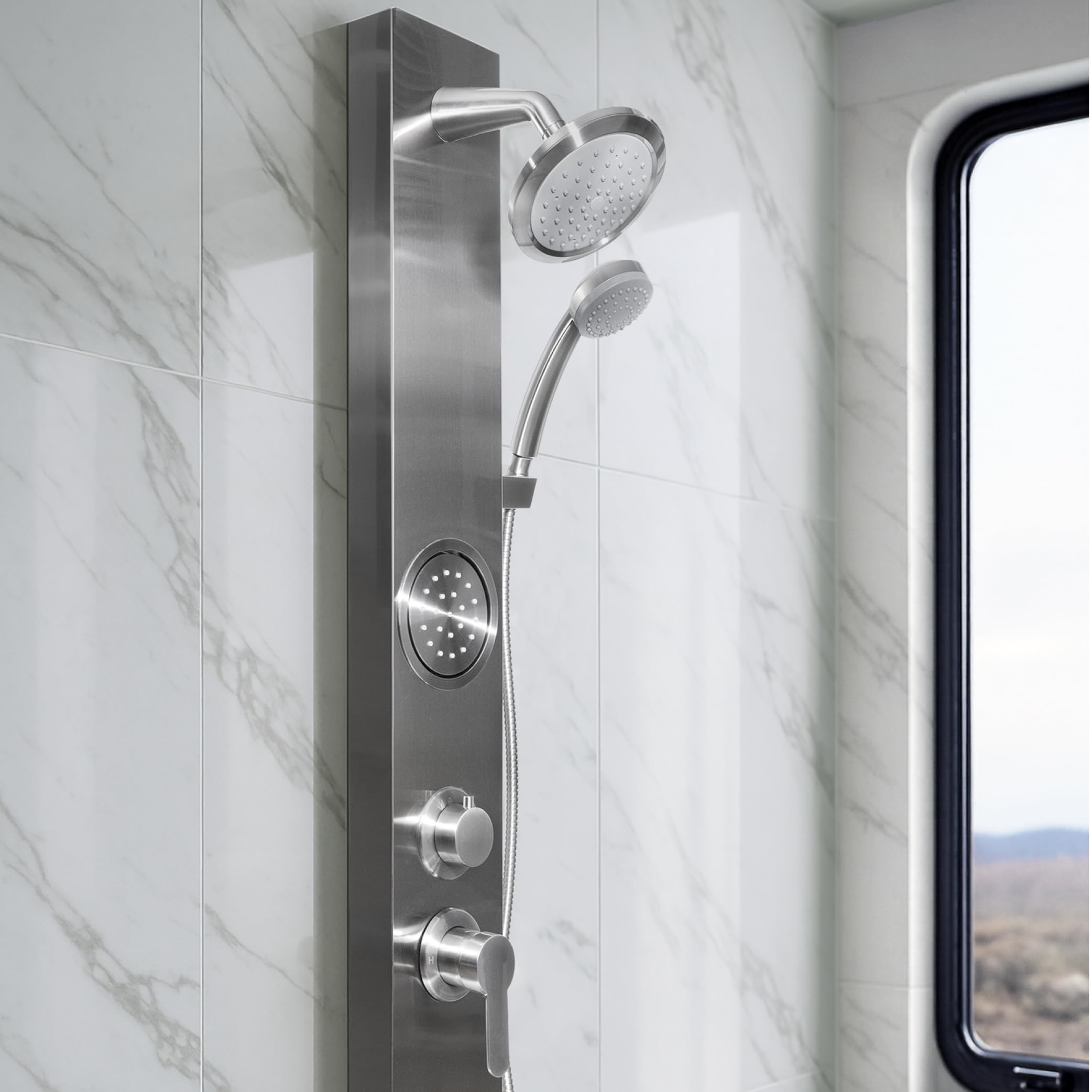 Dura Faucet Premium RV Shower Panel Column (DF-SA914-SN) – Satin Nickel, 4 Spray Options with Adjustable Body Sprayers, Overhead Shower & Handheld Wand – Water-Saving, Easy Install RV Shower System