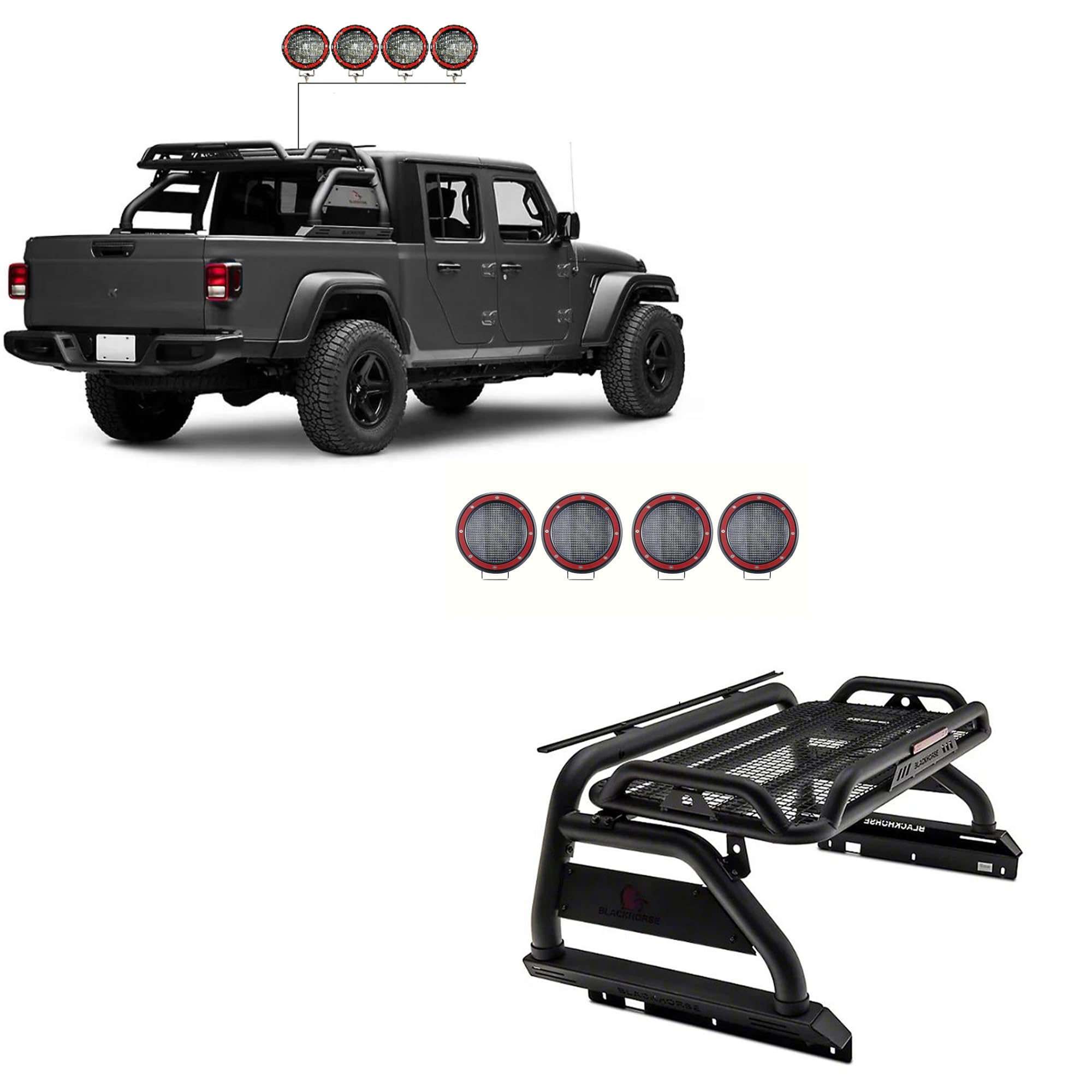 Atlas Black Horse Roll Bar Incl. Set of 5.3" Dia.Led Lights w/Red Trim Rings Compatible with 2020-2024 Jeep Gladiator-ATRB9BK-PLFR