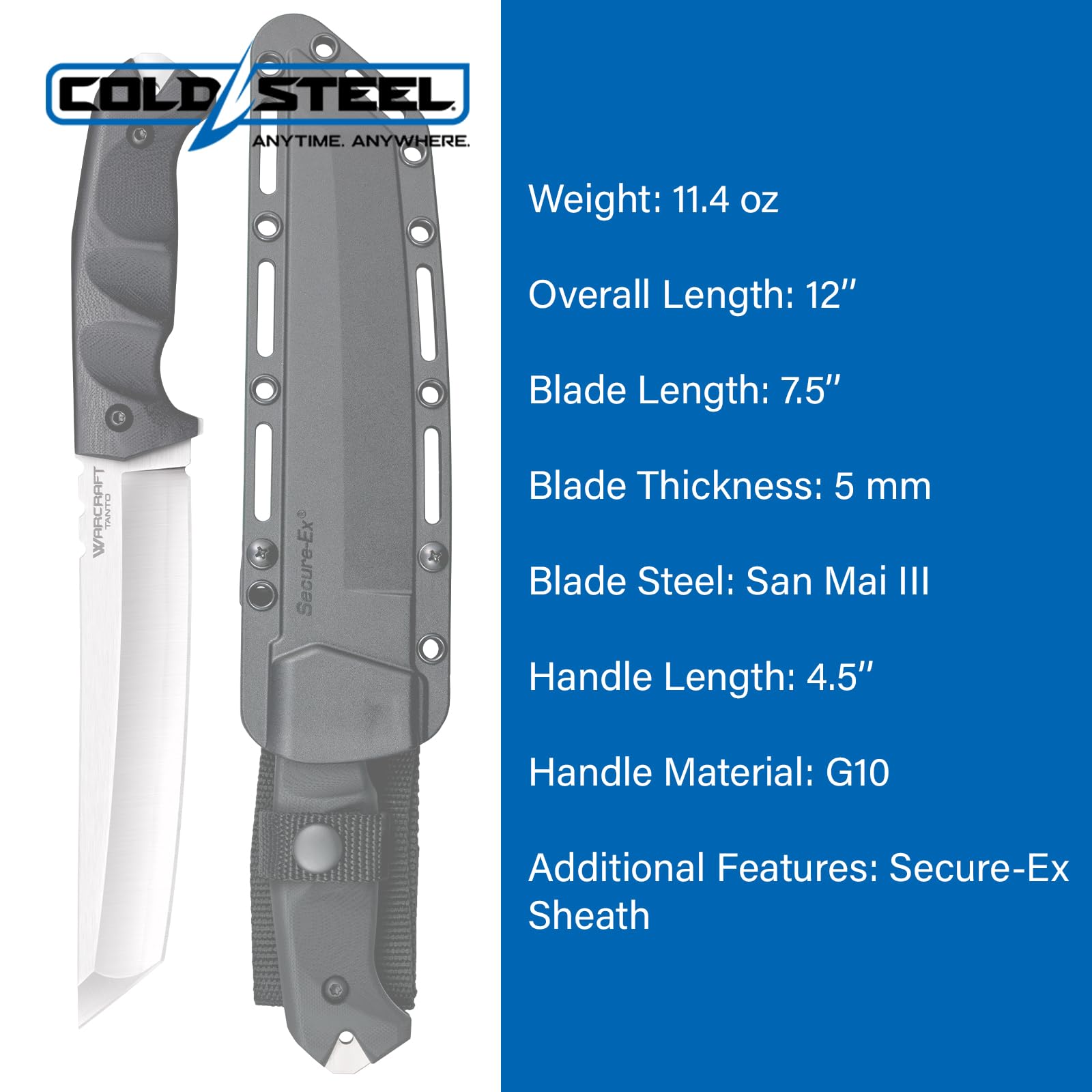 Cold Steel 7.5" Warcraft San Mai III Tanto Point Razor-Sharp Blade 4.5" G-10 Handle Military Tactical Fixed Blade Knife