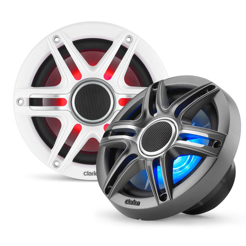 Clarion 6.5-inch CMSP-651RGB-SWG Premium Coaxial Marine Speakers with Built-in RGB Illumination, 50W RMS, with White & Gray Metallic Grilles