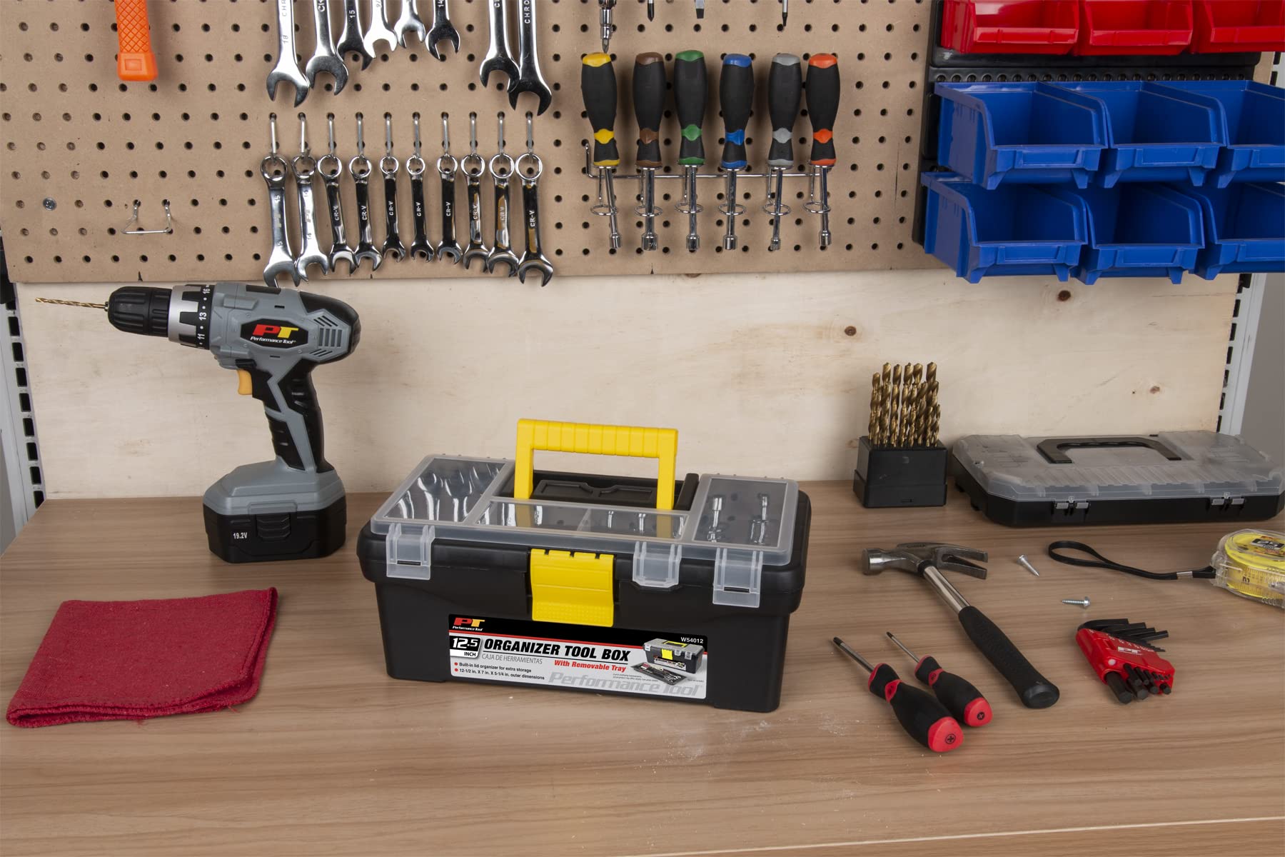 19.2V Performance Tool W50092 Cordless Drill Set with LED Light and 13-Piece Accessory Set