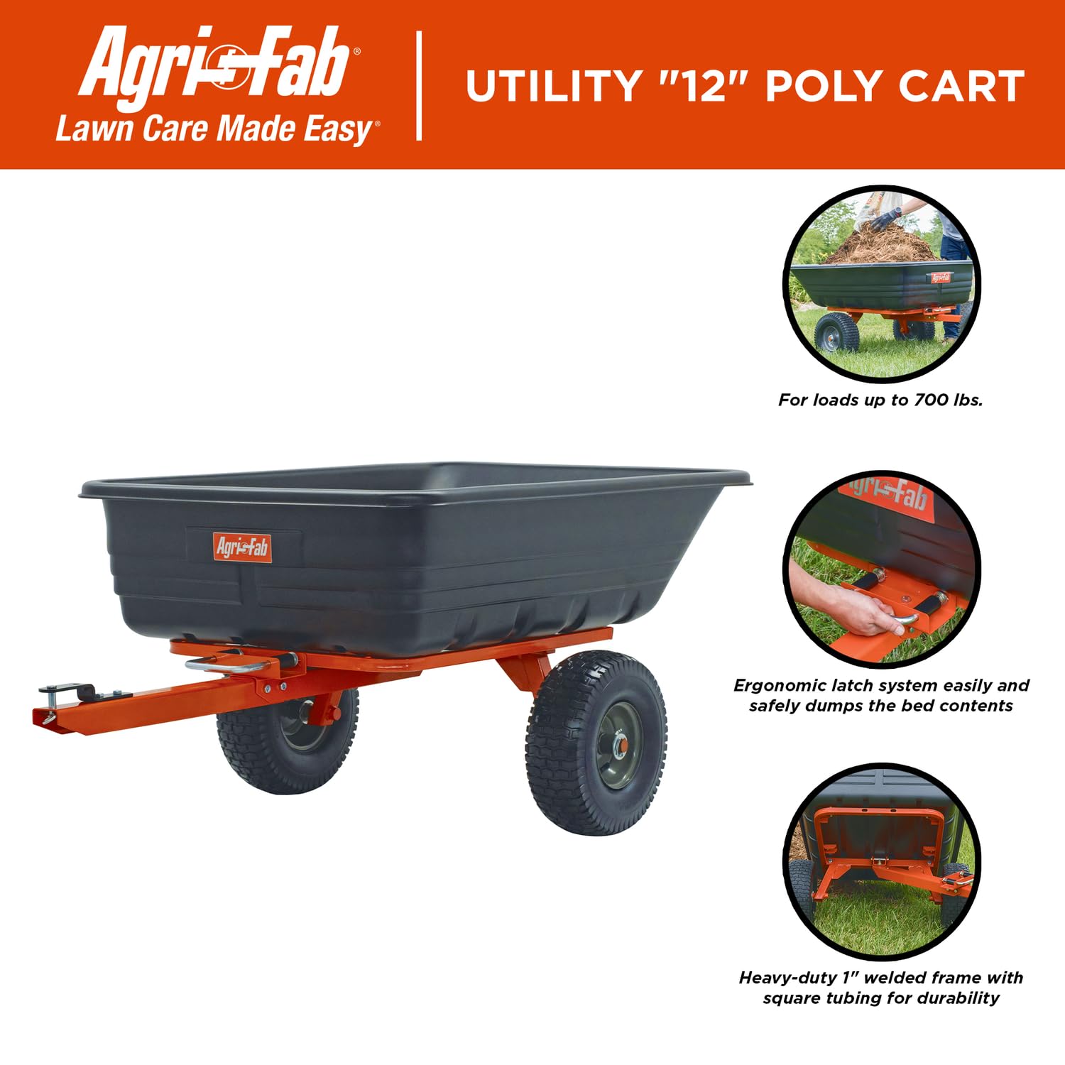 Tow Behind Agri-Fab 45-0552 700 lbs Poly Dump/Swivel Cart, 12 CU. FT. Capacity; Lawn & Garden Cart/Trailer for Lawn Mowers, 15" Pneumatics Tires, Easy to Use Hand Dumping Mechanism