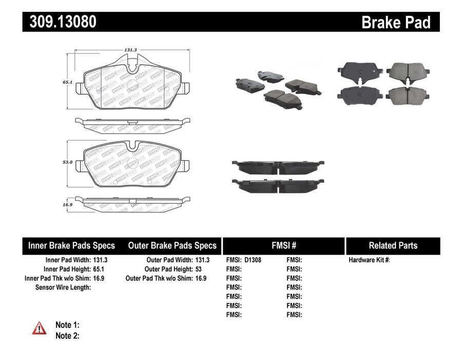 Sport Brake Pads StopTech 309.13080 with Shims and Hardware