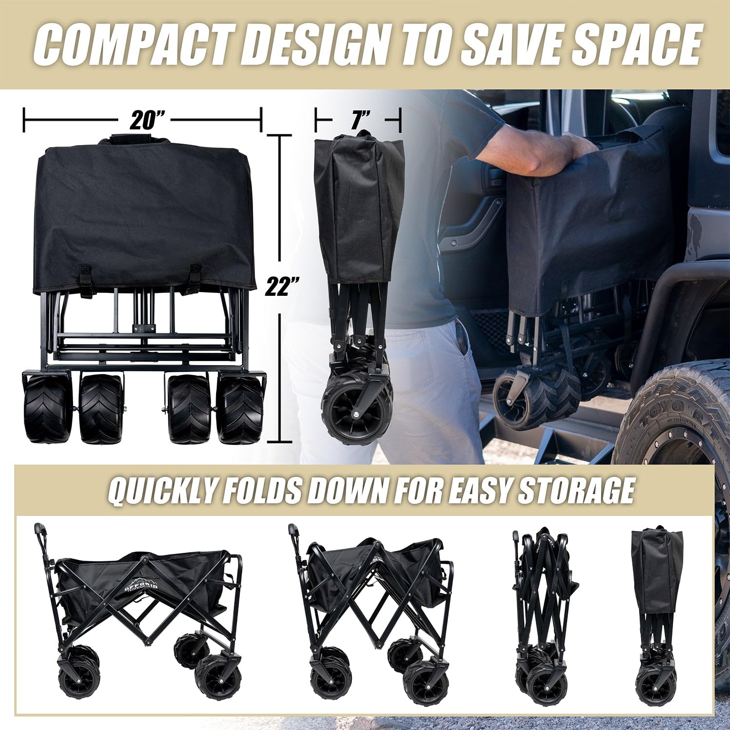 OFFGRID Raptor Series Folding Wagon Cart Heavy Duty Collapsible Steel Frame Utility Garden Wagon Large Capacity 260lbs Adjustable Handle Big Wheels Outdoor Travel Use - Black