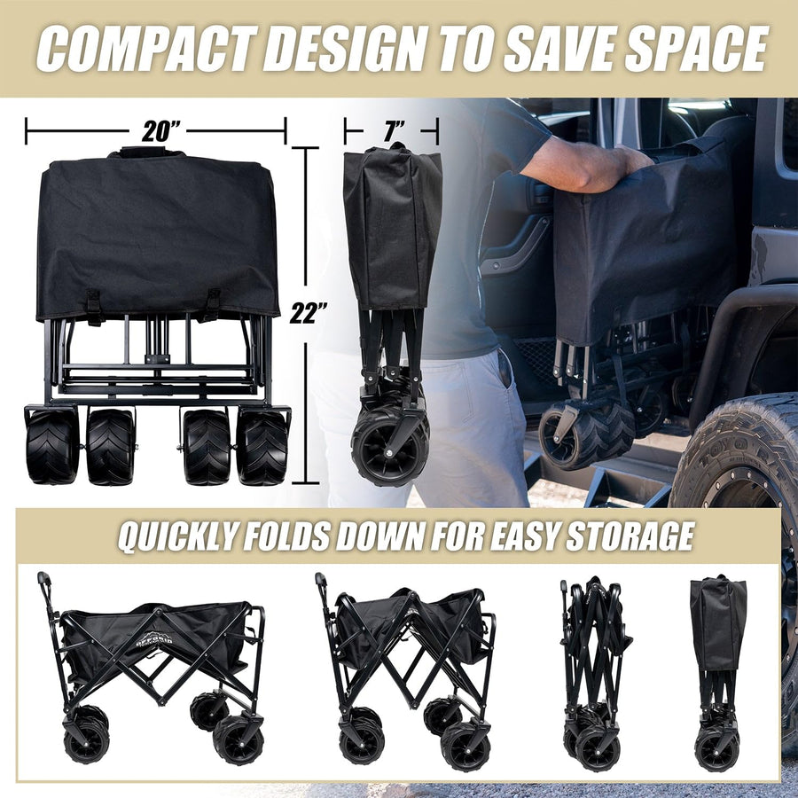 OFFGRID Raptor Series Folding Wagon Cart Heavy Duty Collapsible Steel Frame Utility Garden Wagon Large Capacity 260lbs Adjustable Handle Big Wheels Outdoor Travel Use - Black