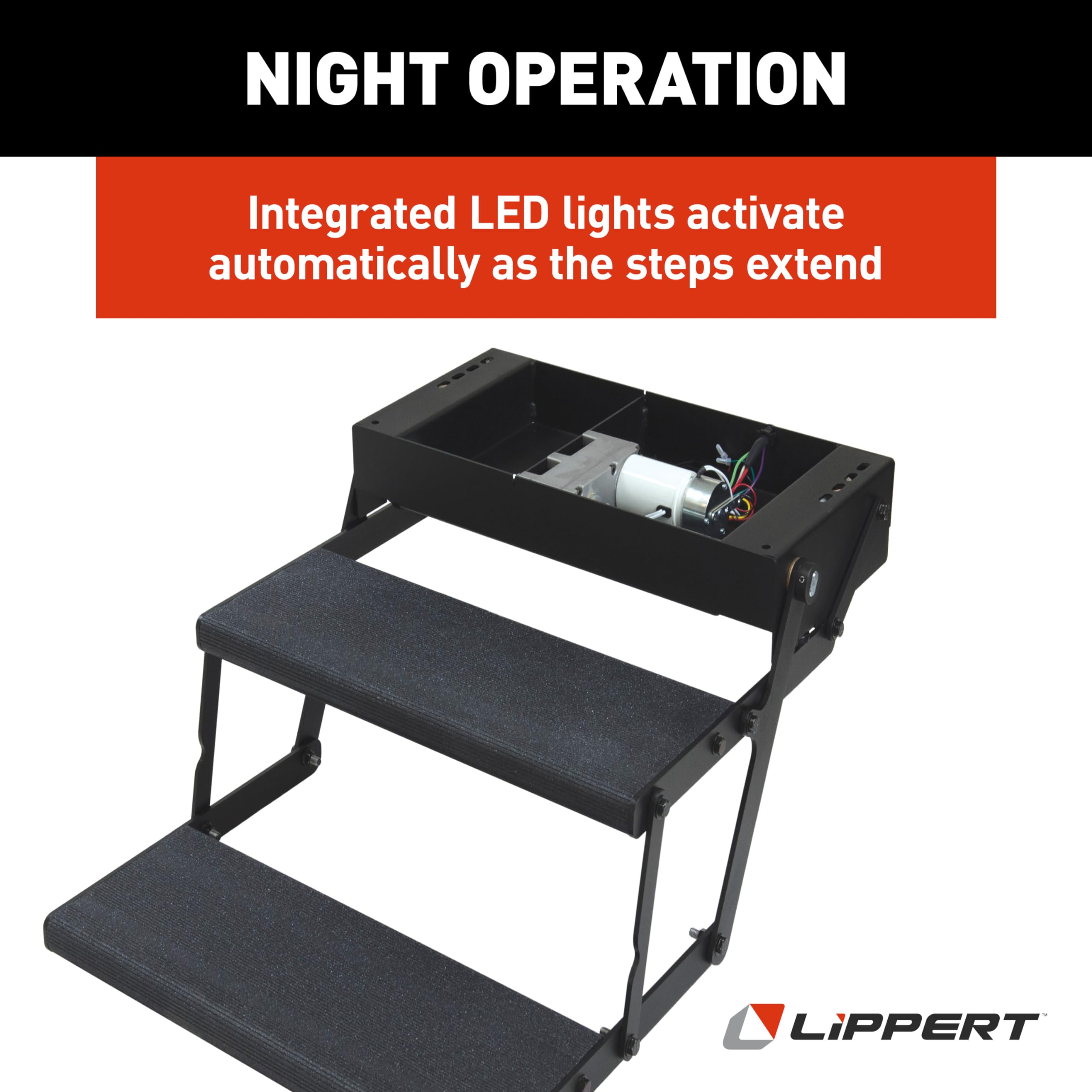 Tread Lite Lippert Components RV Power Steps - 24" Double Electric Foldout Step Configuration with LED Lighting, 8.5" Rise and Depth, Anti-Slip Coated Stepping Surface, Automatically Retracts - 353543