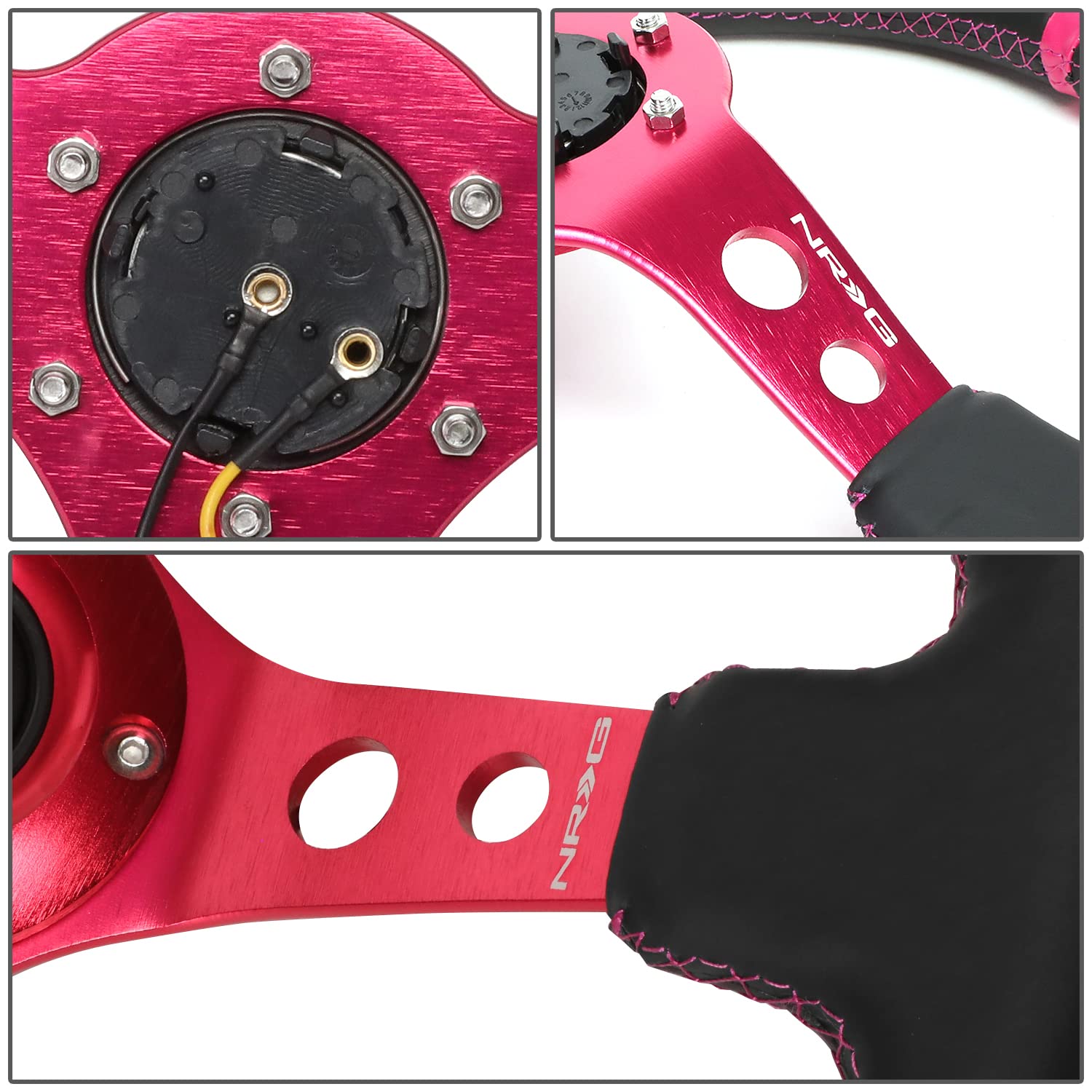 NRG Innovations Reinforced NRG-RST-006FH Steering Wheel 350mm Sport Steering Wheel (3" Deep), Black Leather Fushia Center Mark with Fushia Stitching, Fushia Center Spoke