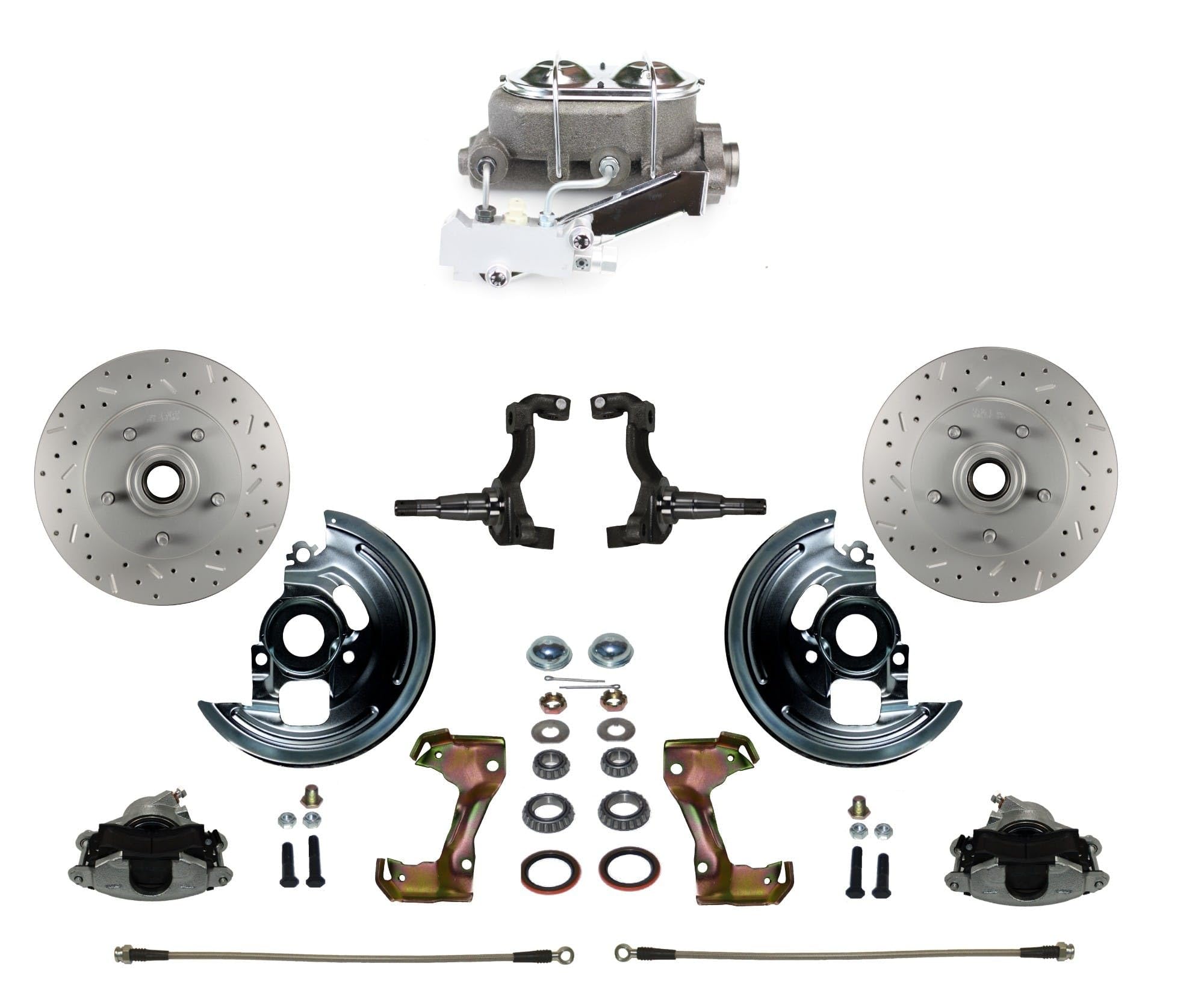 BRAKES LEED Manual Front Disc Brake Conversion Kit Cross Drilled And Slotted With Cast Iron Chrome Top M/C Disc/Disc Side Mount