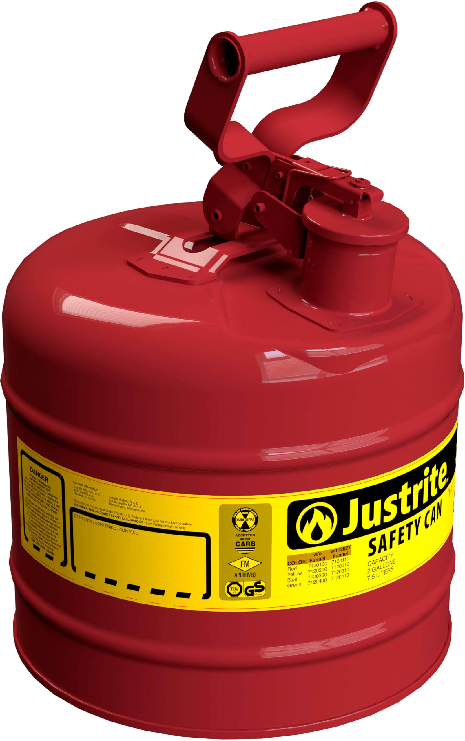 2 Gallon Justrite Type I Red Safety Gas Can for Gasoline with Flame Arrester and Self-Closing Lid, Made in the USA, Galvanized Steel Flammable Storage Can, 7120100