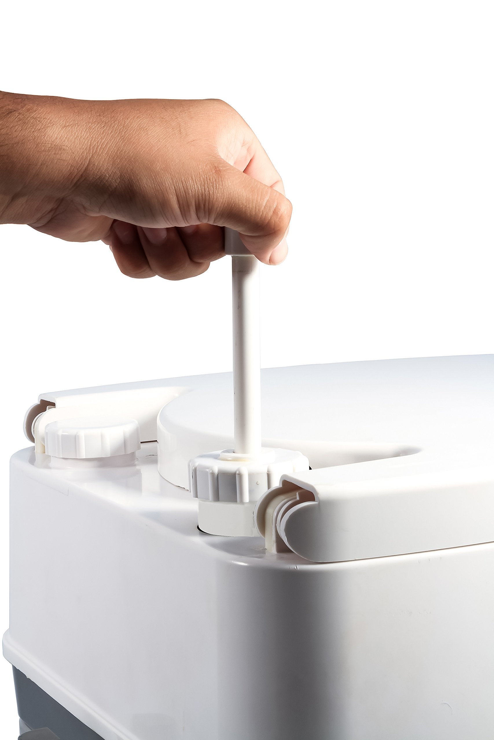 Camco Premium Portable Travel Toilet With Swivel Dumping Elbow and Three Directional Flush | Designed for Camping, RV, Boating And Other Recreational Activities - (5.3 gallon) (41545),White